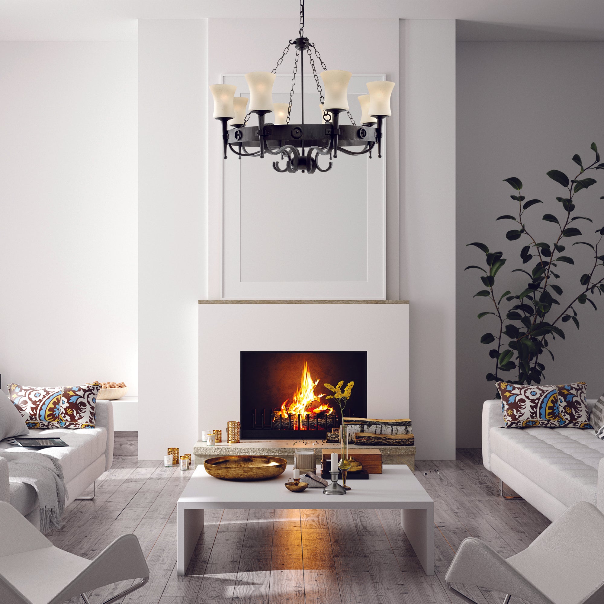 Searchlight Cadogan 8 Light Pendant - Black & Sanded Glass