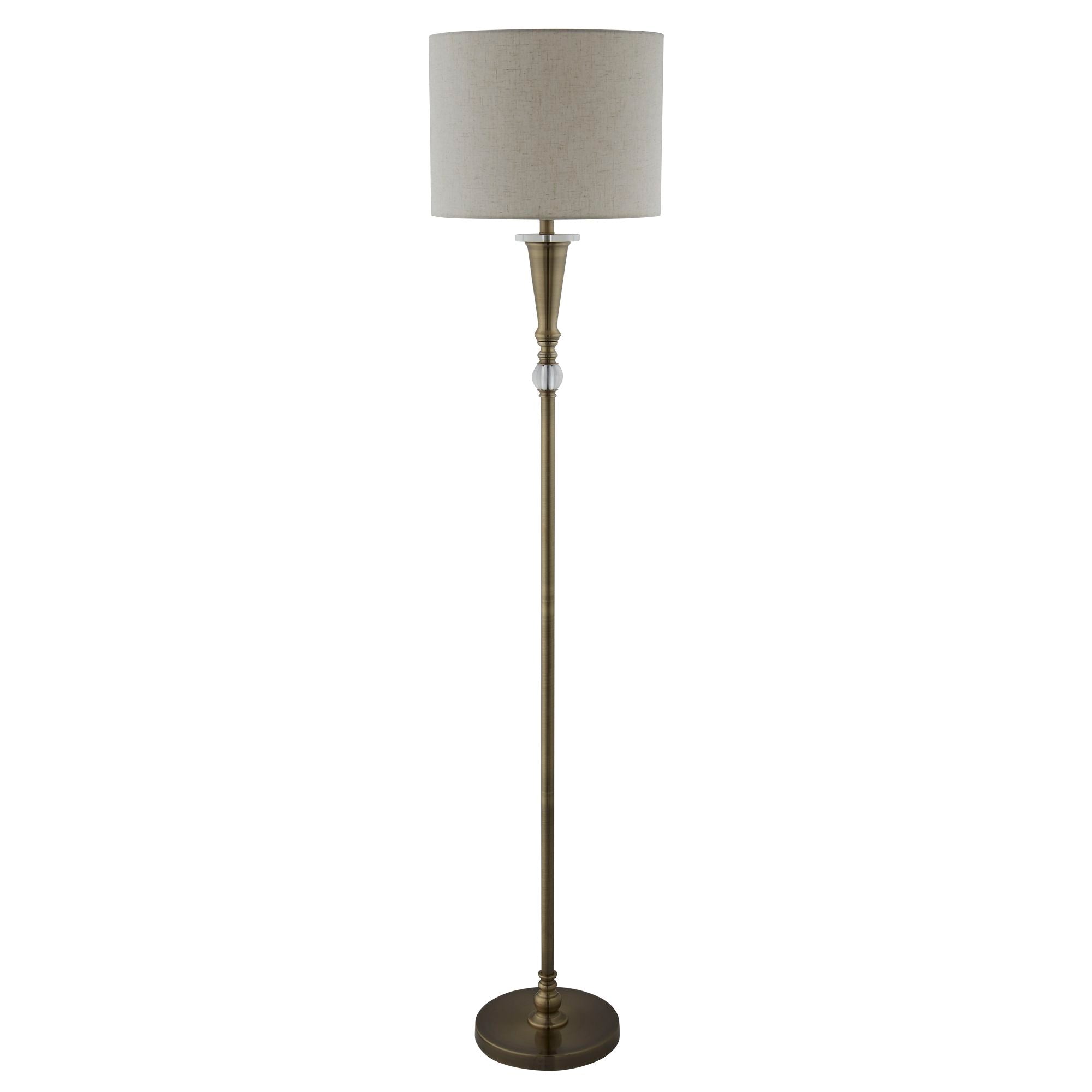 Searchlight Ormond Single Floor Lamp, Antique Brass, Linen Shade