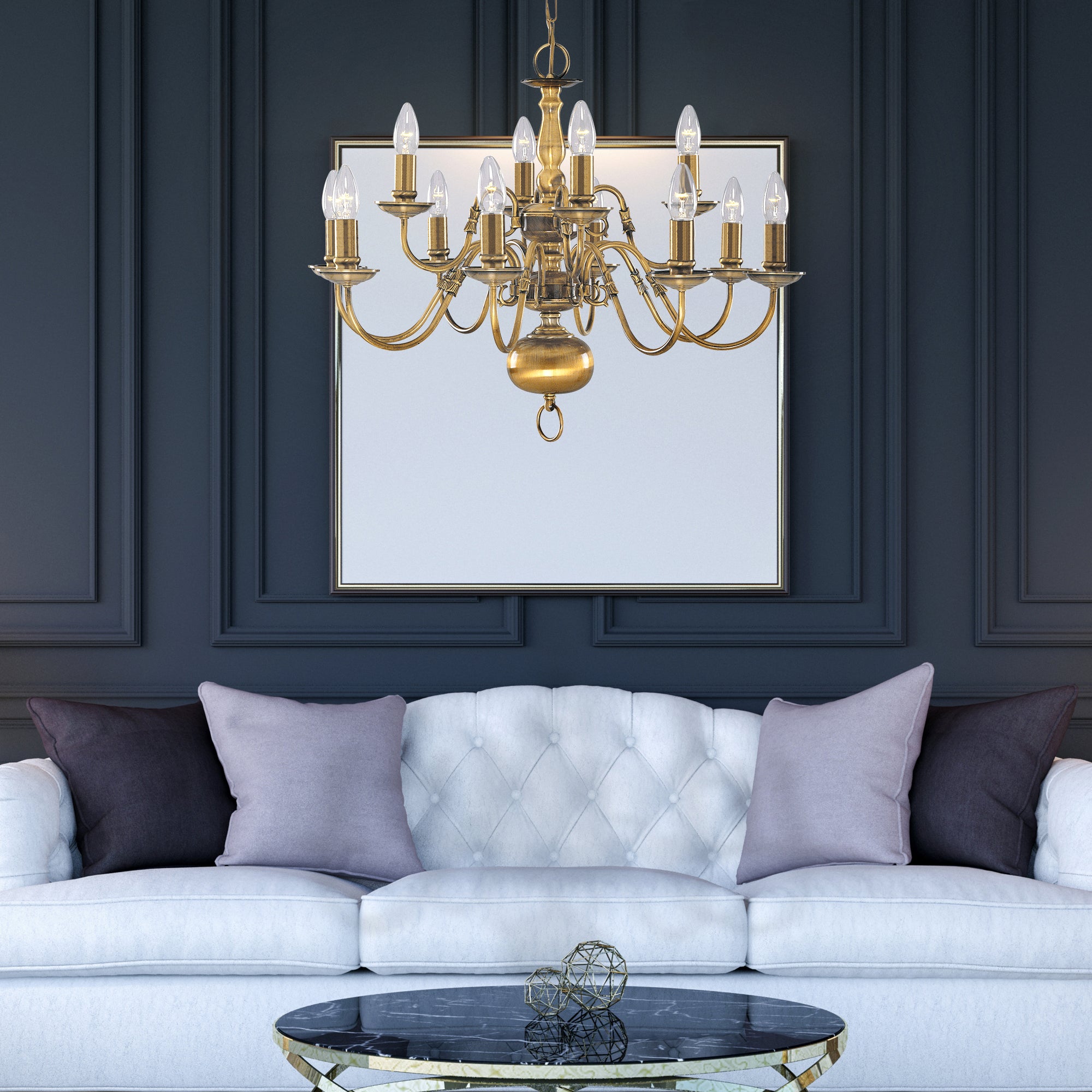 Searchlight Fearnside Solid Antique Brass 12 Light Chandelier With Metal Candle Covers