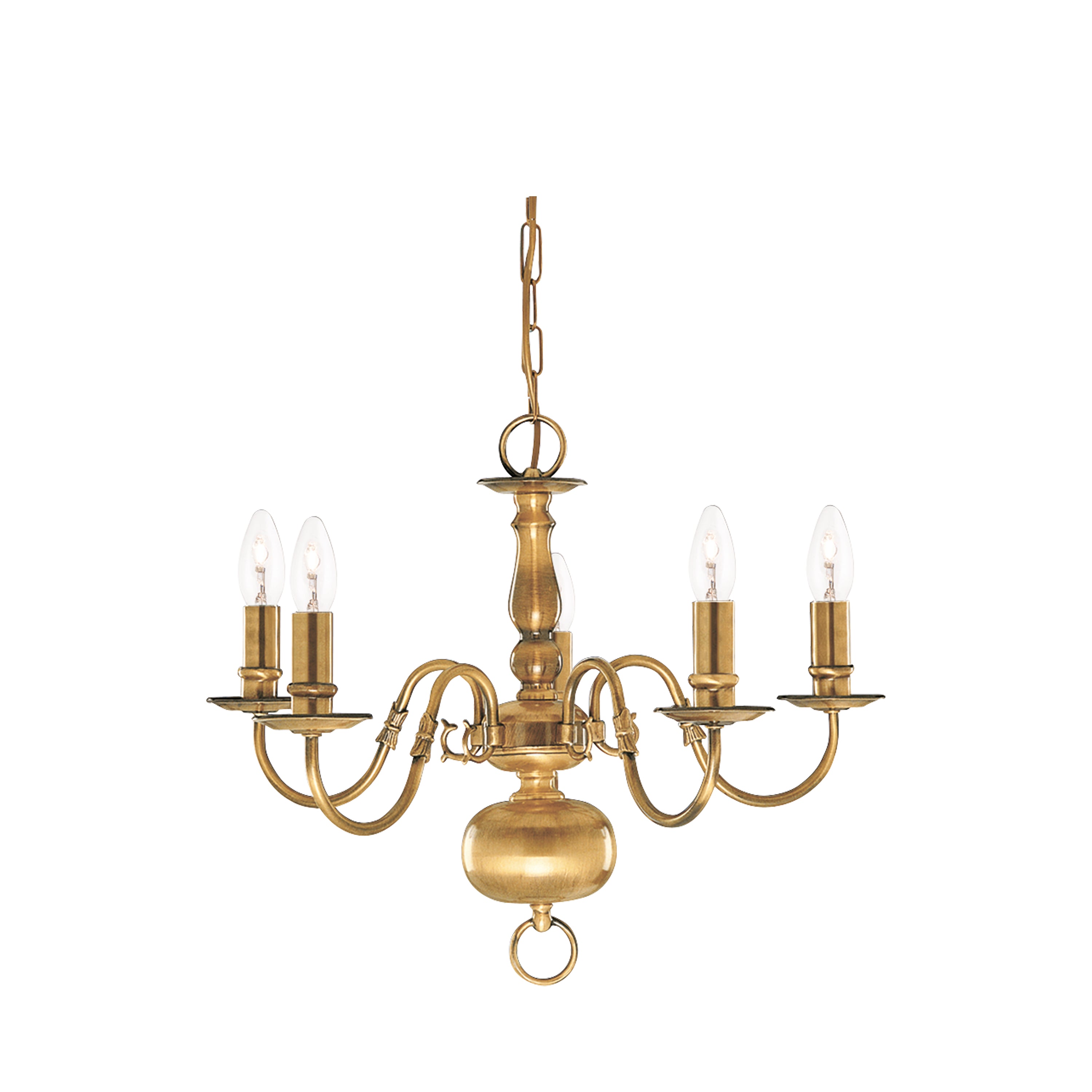 Searchlight Fearnside Solid Antique Brass 5 Light Chandelier With Metal Candle Covers