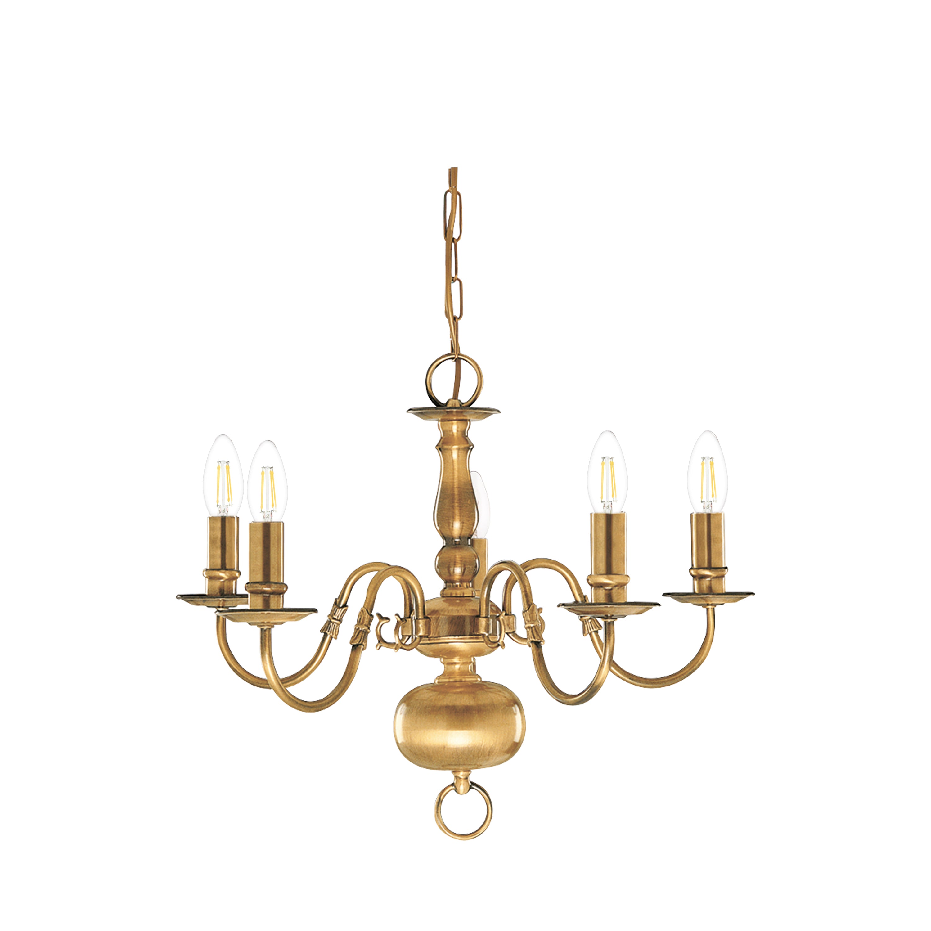Searchlight Fearnside Solid Antique Brass 5 Light Chandelier With Metal Candle Covers