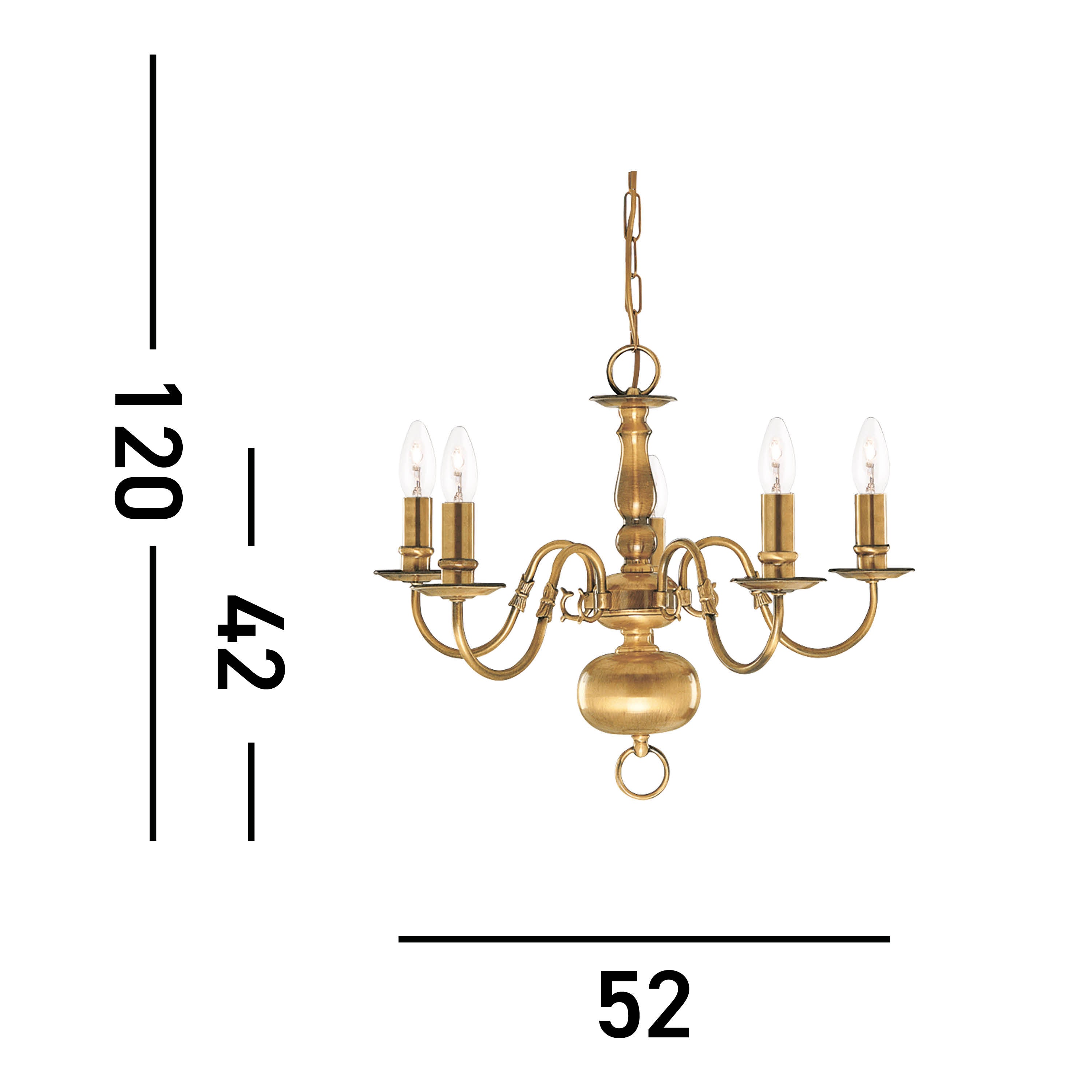 Searchlight Fearnside Solid Antique Brass 5 Light Chandelier With Metal Candle Covers