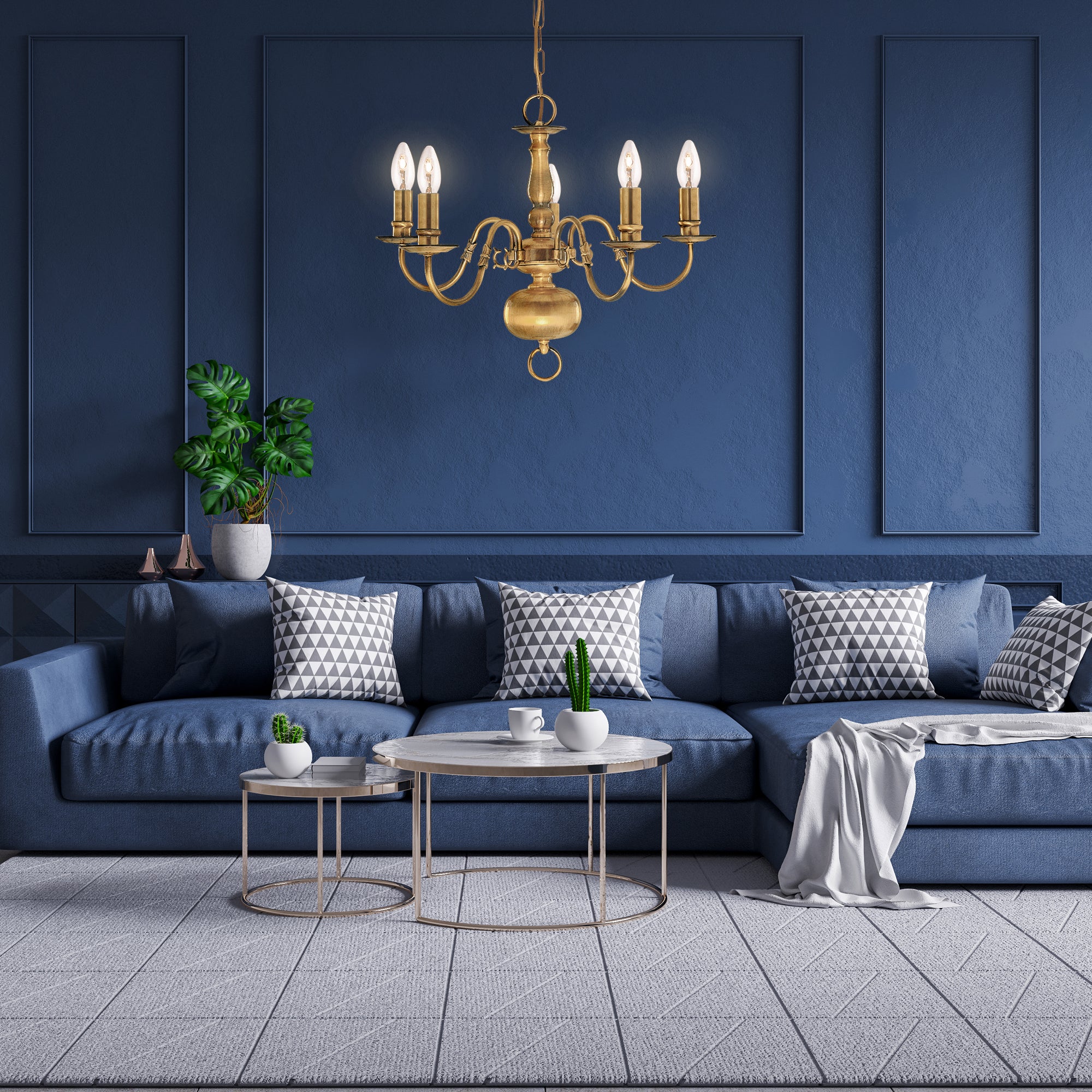 Searchlight Fearnside Solid Antique Brass 5 Light Chandelier With Metal Candle Covers