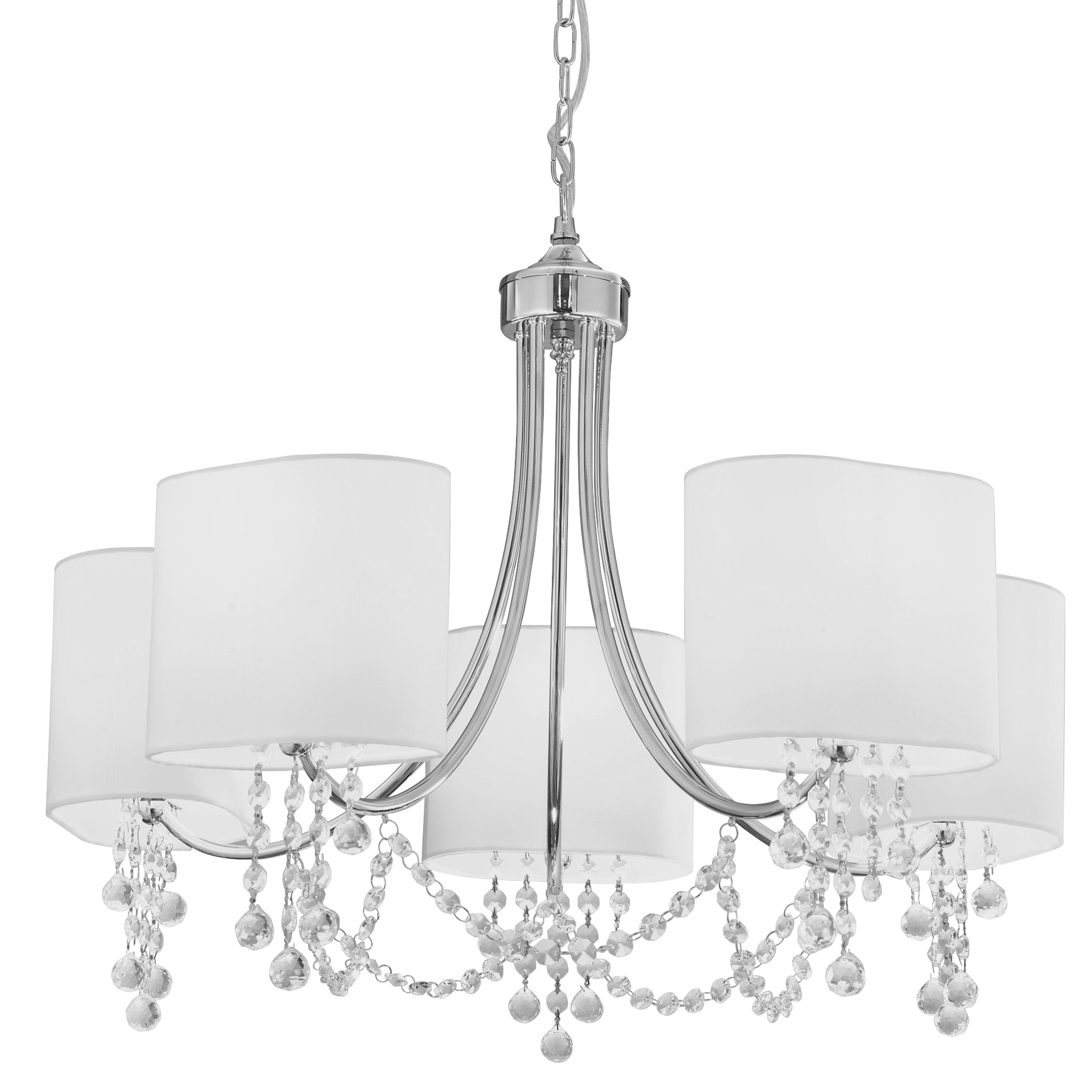 Searchlight Netley - 5 Light Ceiling, Chrome, Clear Crystal, White Shades