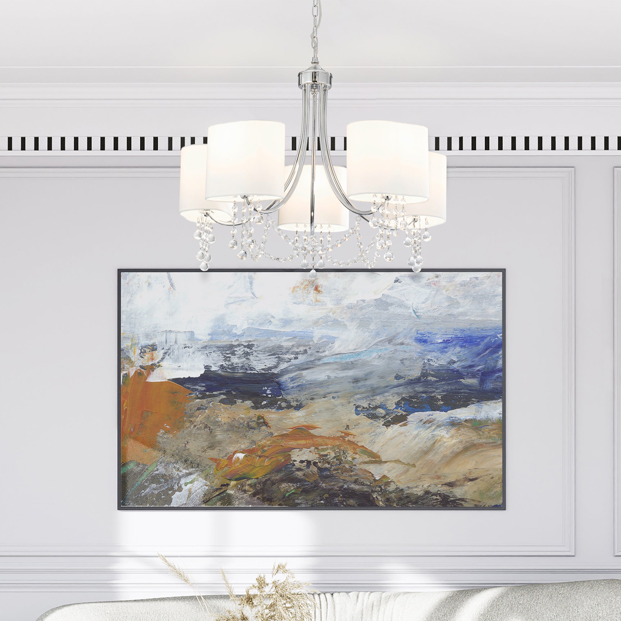 Searchlight Netley - 5 Light Ceiling, Chrome, Clear Crystal, White Shades