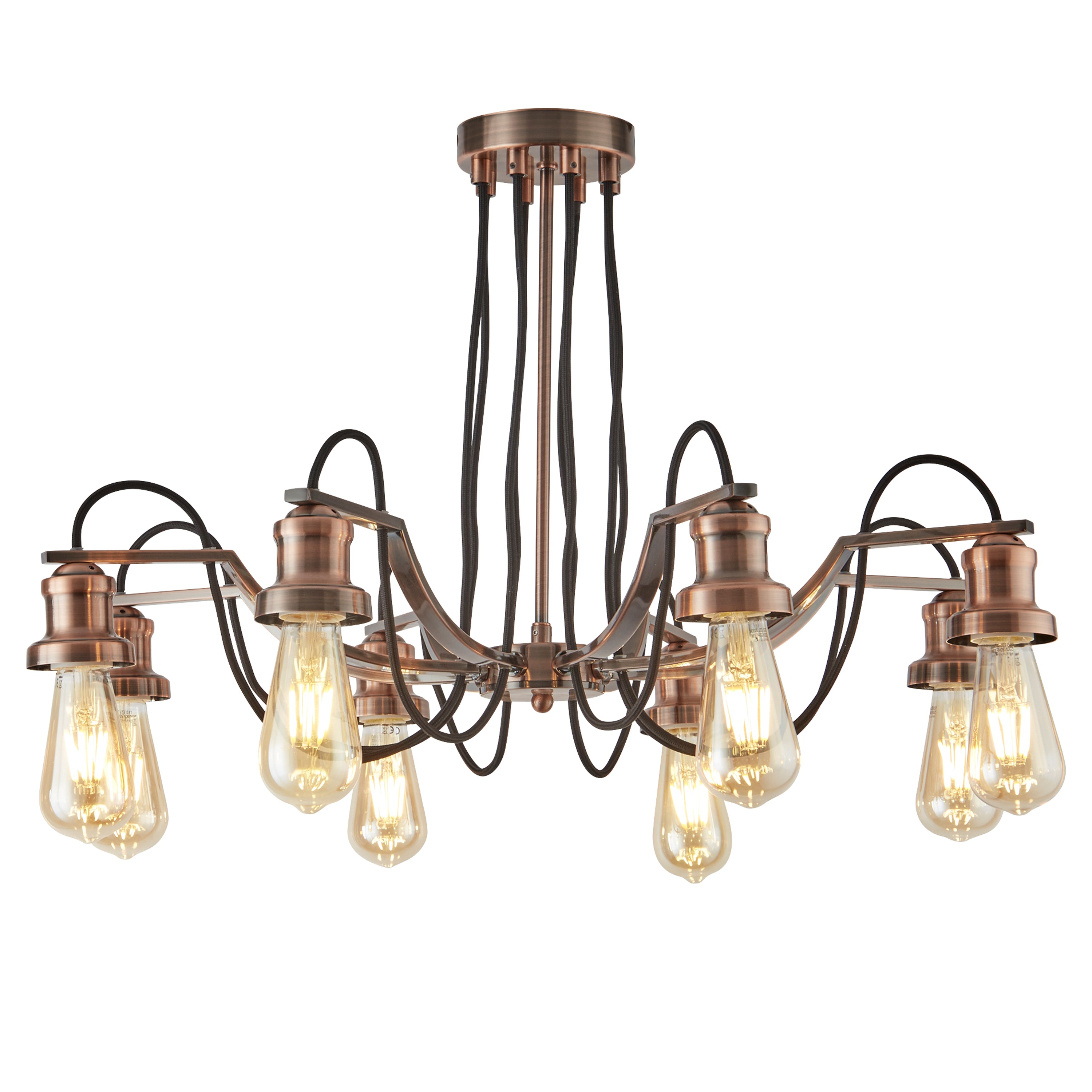 Searchlight Oban 8 Light Ceiling Fitting, Black Braided Fabric Cable, Antique Copper