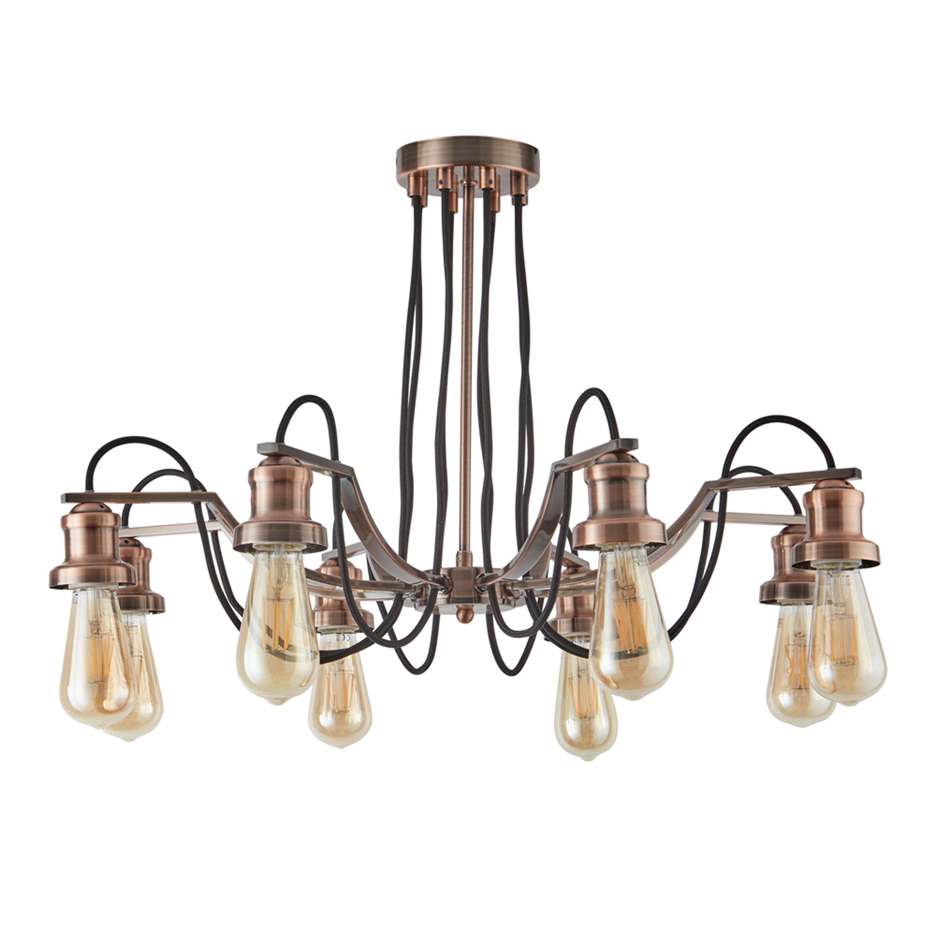 Searchlight Oban 8 Light Ceiling Fitting, Black Braided Fabric Cable, Antique Copper