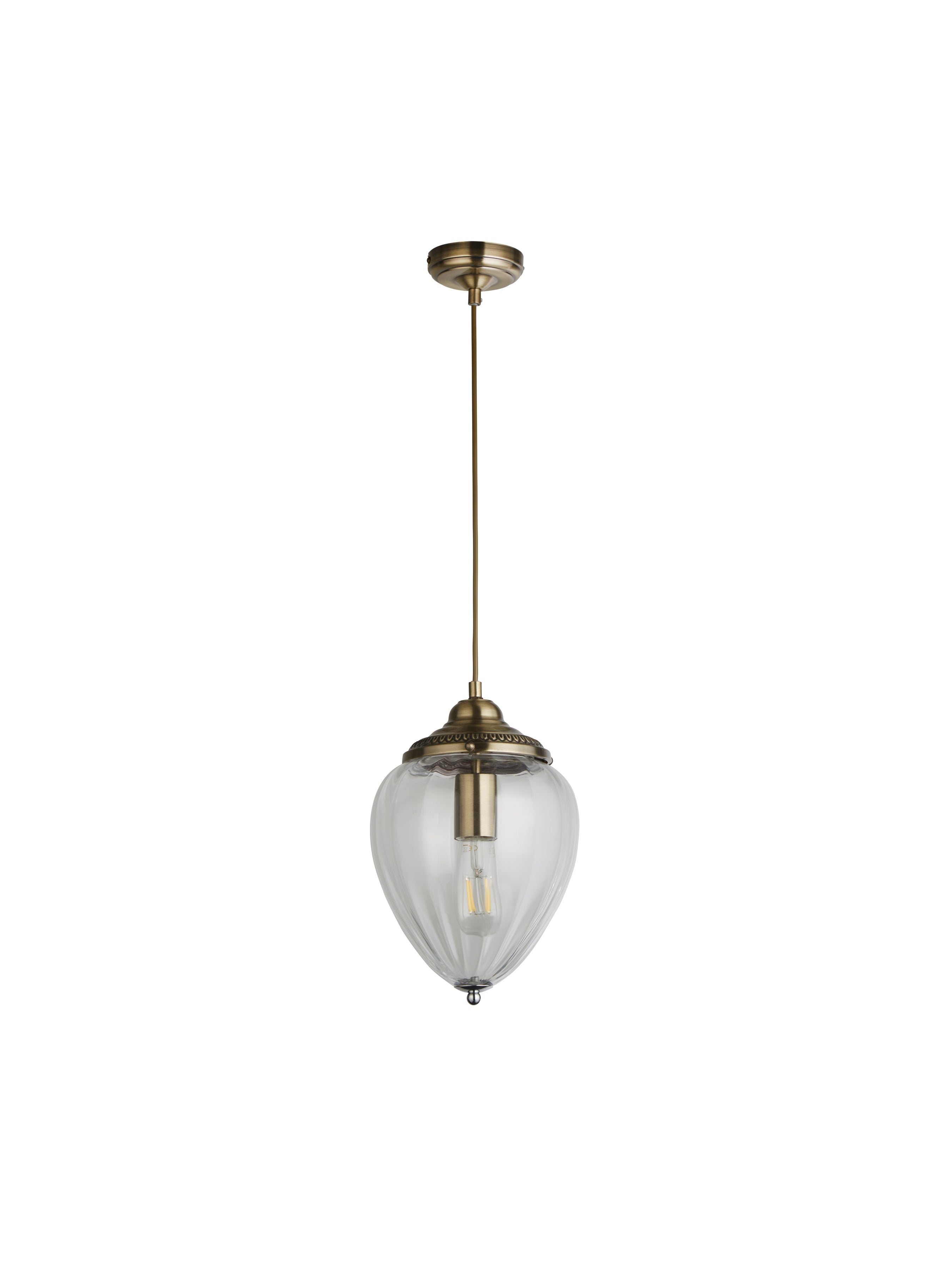 Searchlight Pembroke Single Pendant, Antique Brass, Clear Ribbed Glass