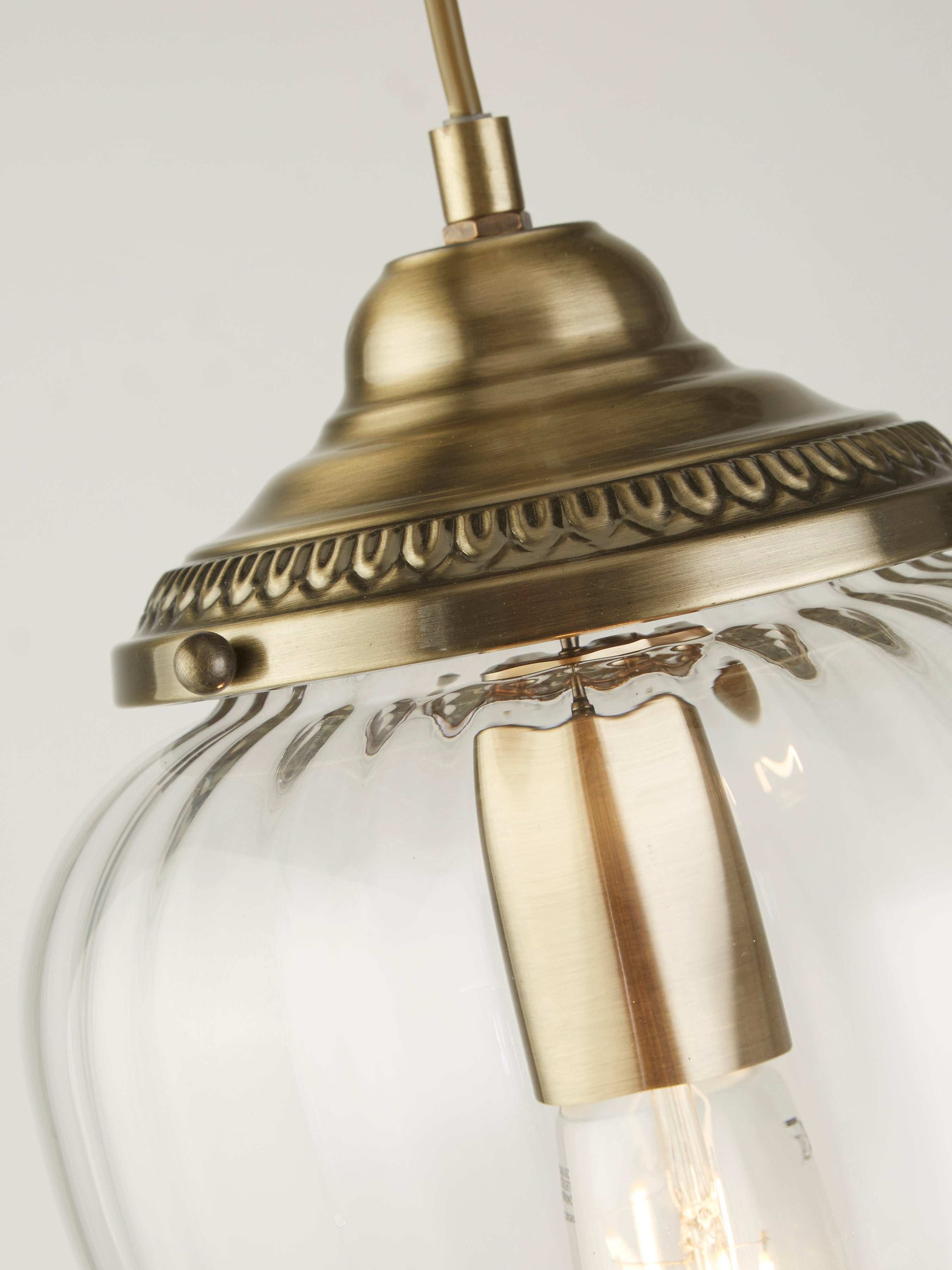 Searchlight Pembroke Single Pendant, Antique Brass, Clear Ribbed Glass