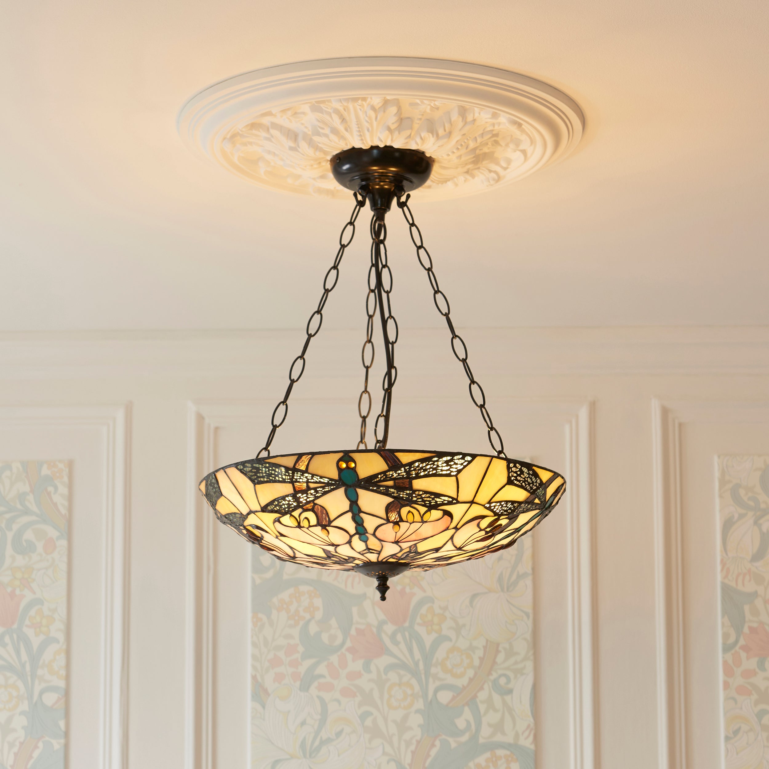 Interiors 1900 Ashton Large Inverted 3 Light Pendant - Handcrafted Tiffany Style Glass