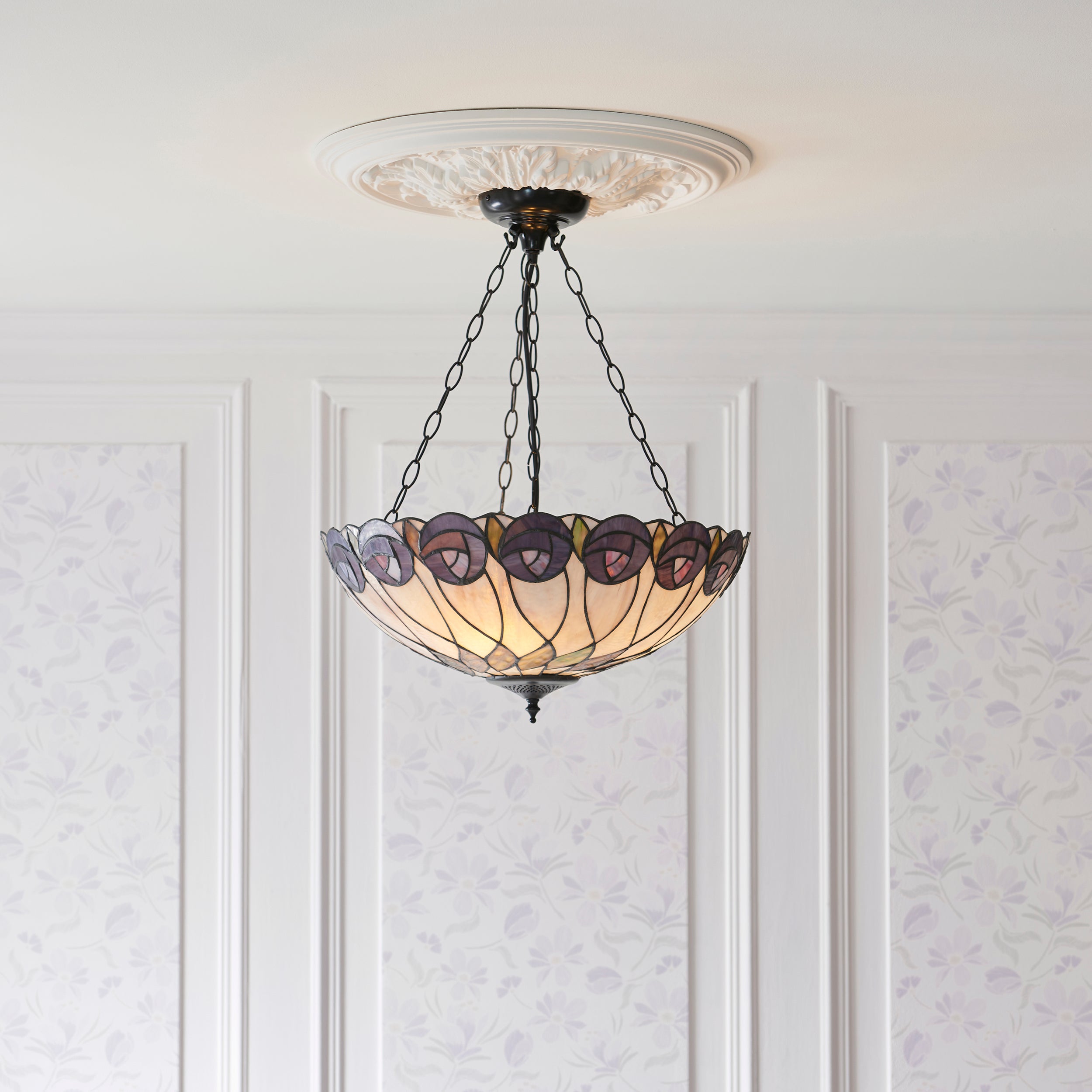 Interiors 1900 Hutchinson Large Inverted 3 Light Pendant - Handcrafted Tiffany Style Glass