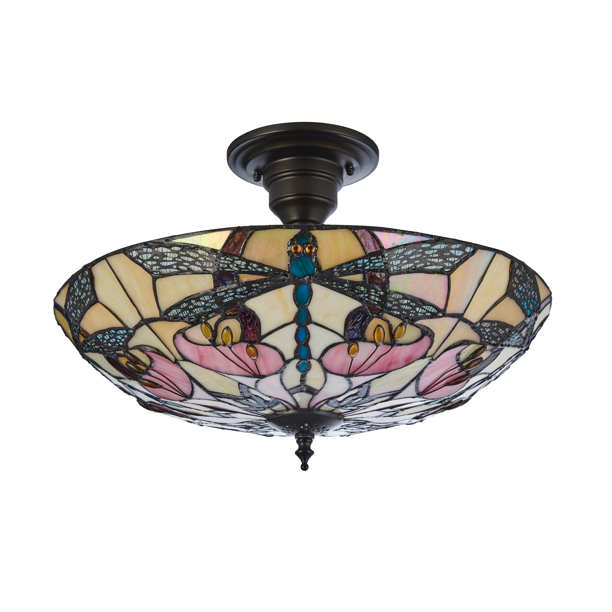 Interiors 1900 Ashton 3 Light Semi Flush Pendant - Handcrafted Tiffany Style Glass
