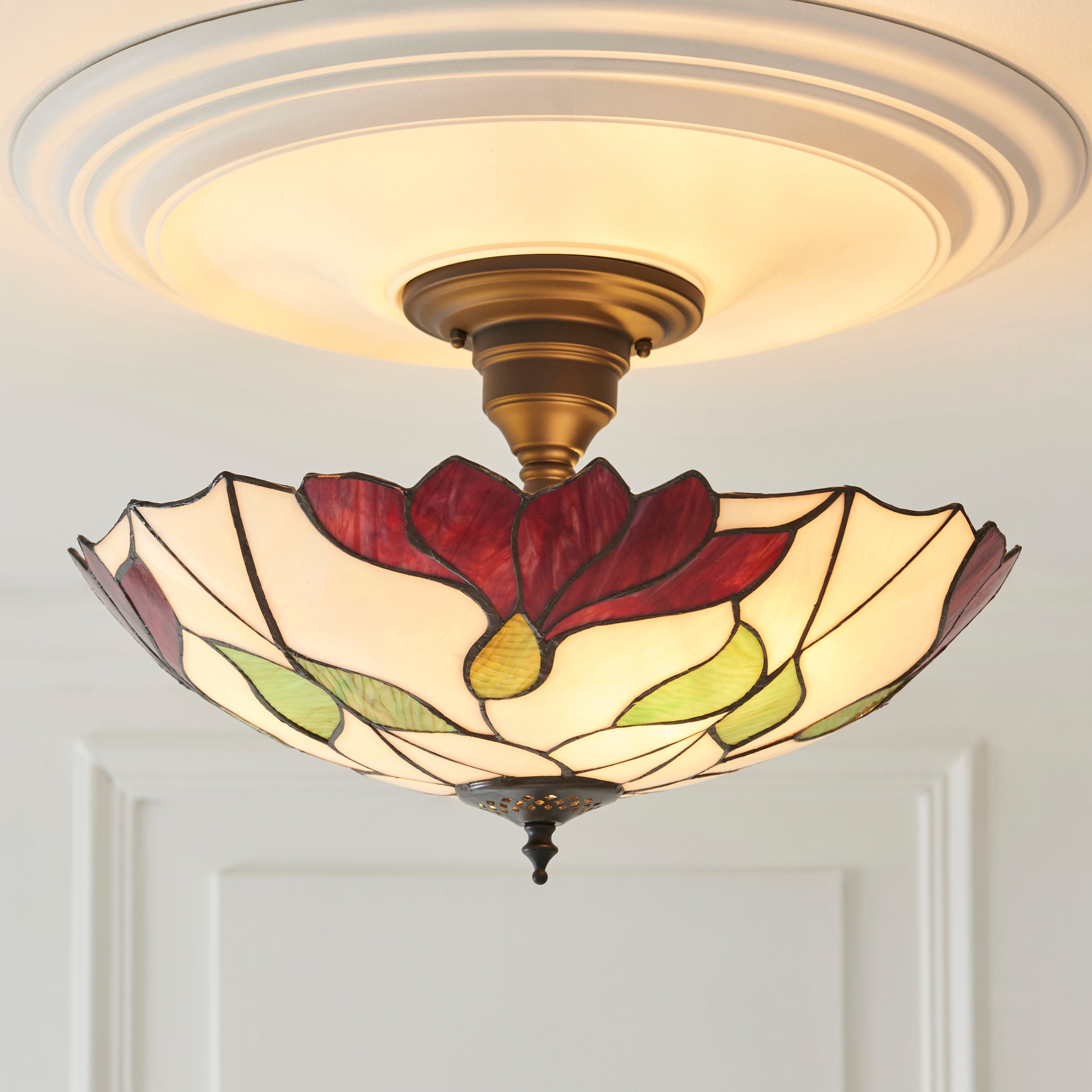 Interiors 1900 Botanica Large 3 Light Semi Flush Pendant -Handcrafted Tiffany Style Glass