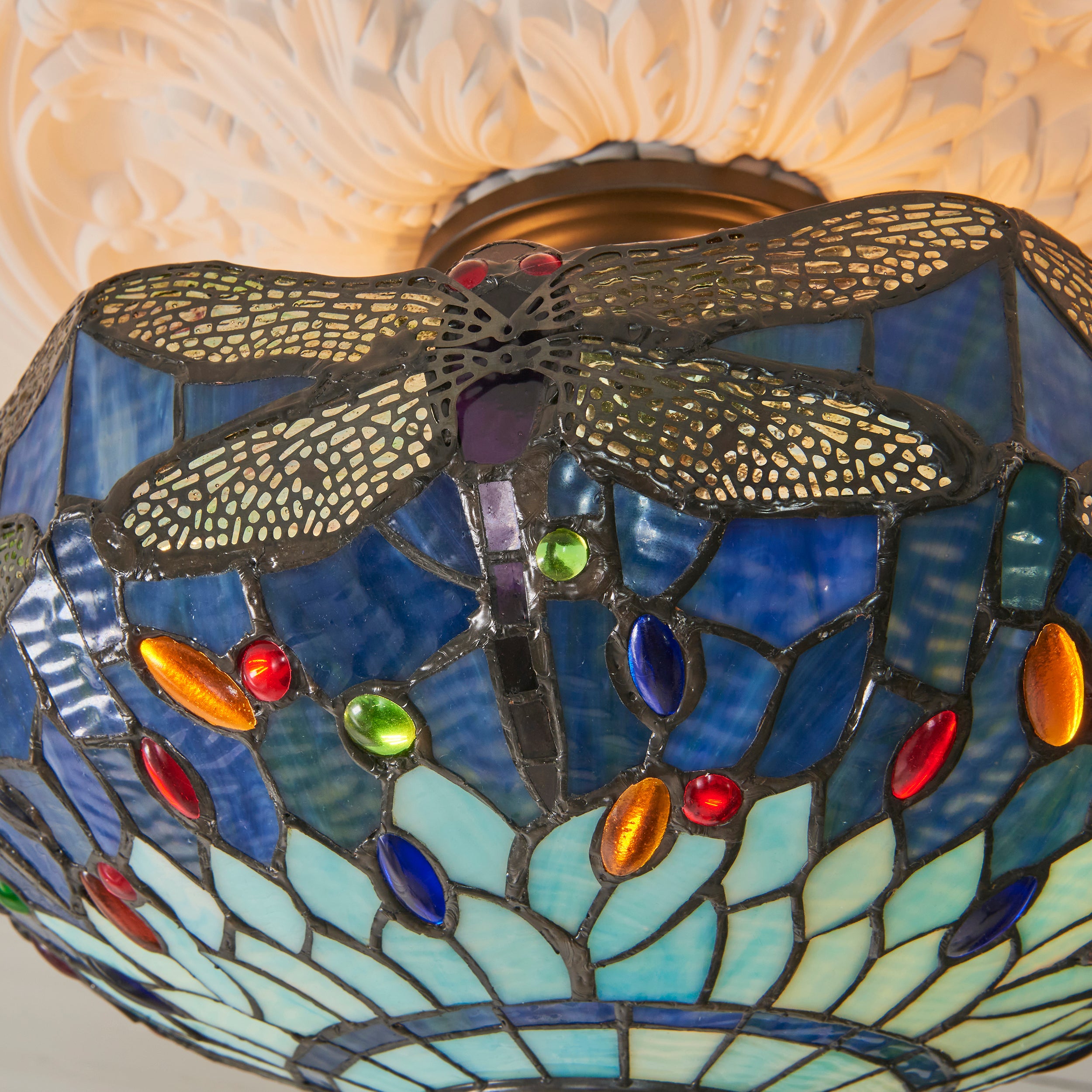 Interiors 1900 Dragonfly Blue 3 Light Semi Flush Pendant -Handcrafted Tiffany Style Glass