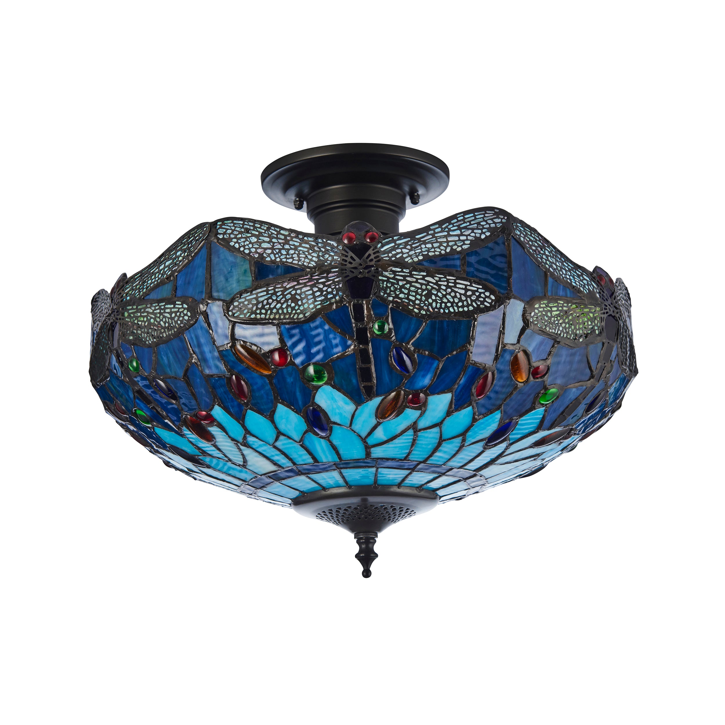 Interiors 1900 Dragonfly Blue 3 Light Semi Flush Pendant -Handcrafted Tiffany Style Glass