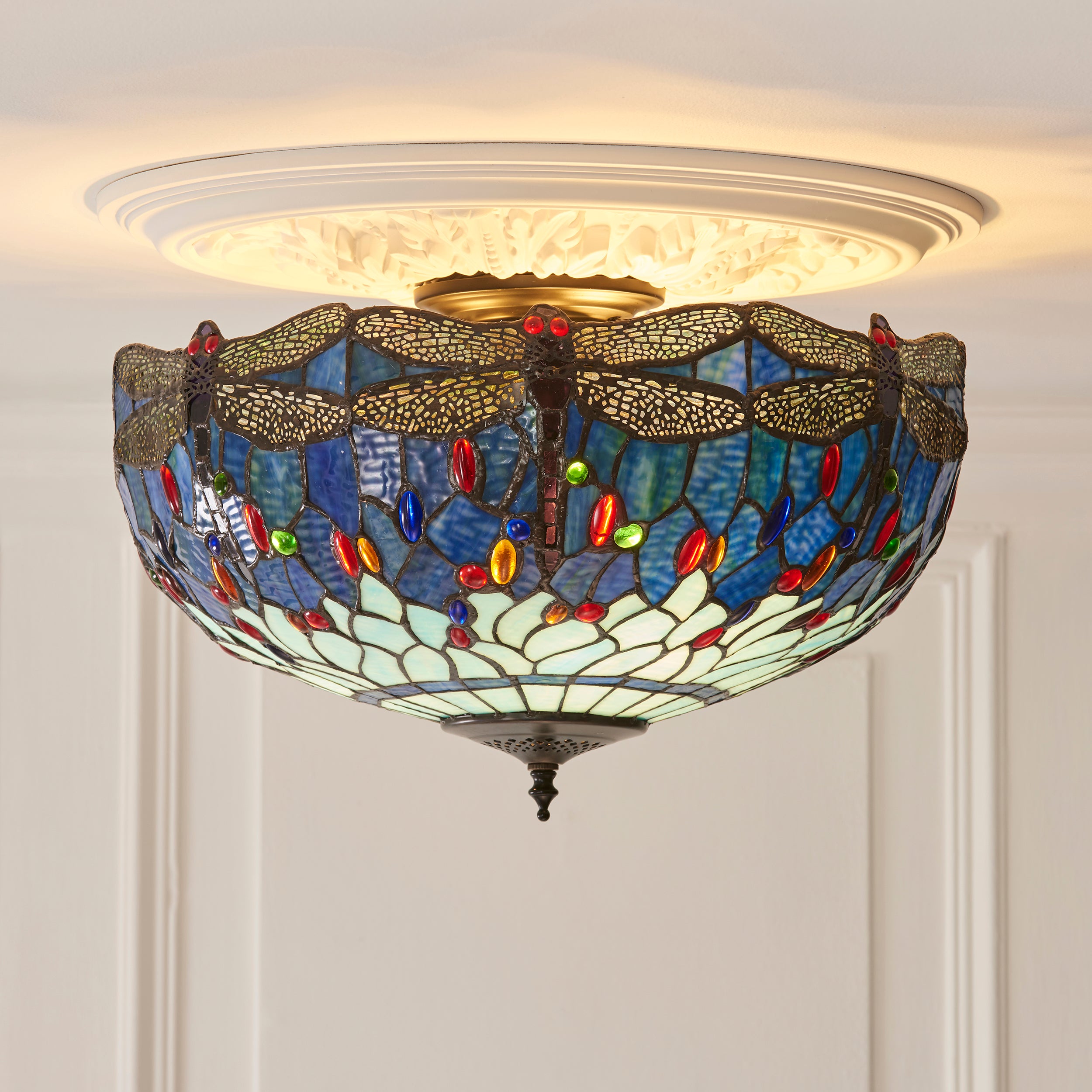 Interiors 1900 Dragonfly Blue Large 3 Light Semi Flush Pendant -Handcrafted Tiffany Style Glass