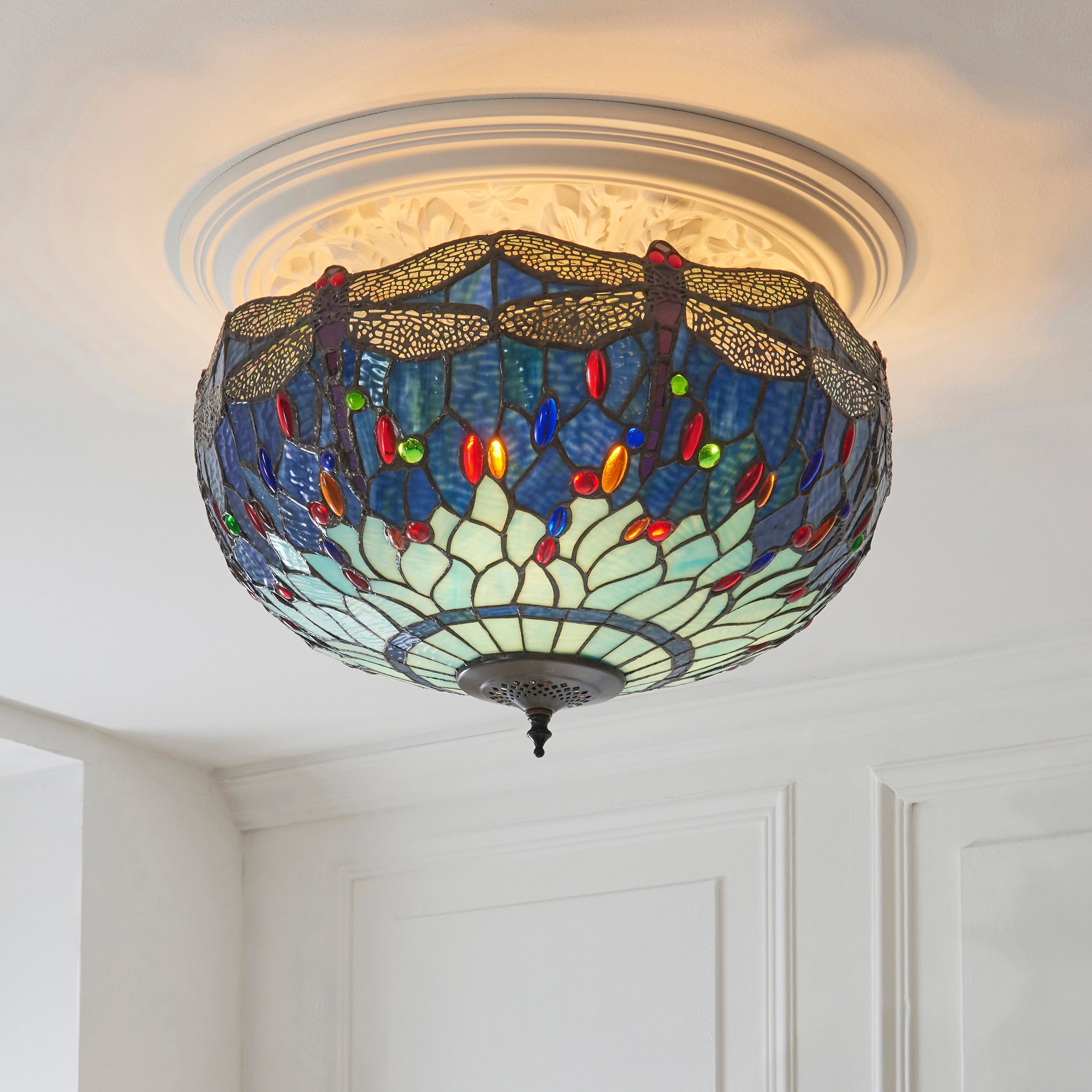 Interiors 1900 Dragonfly Blue Large 3 Light Semi Flush Pendant -Handcrafted Tiffany Style Glass