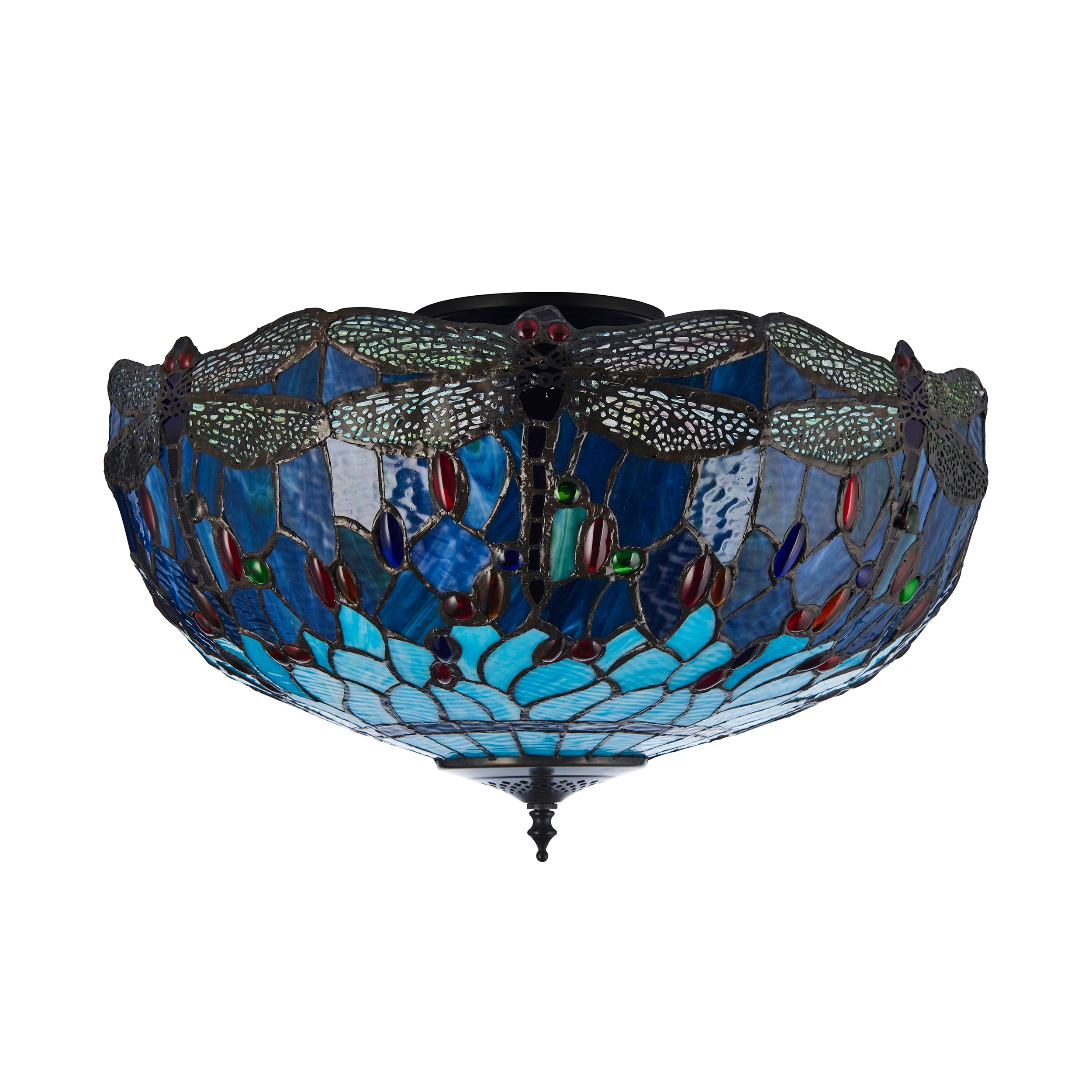 Interiors 1900 Dragonfly Blue Large 3 Light Semi Flush Pendant -Handcrafted Tiffany Style Glass