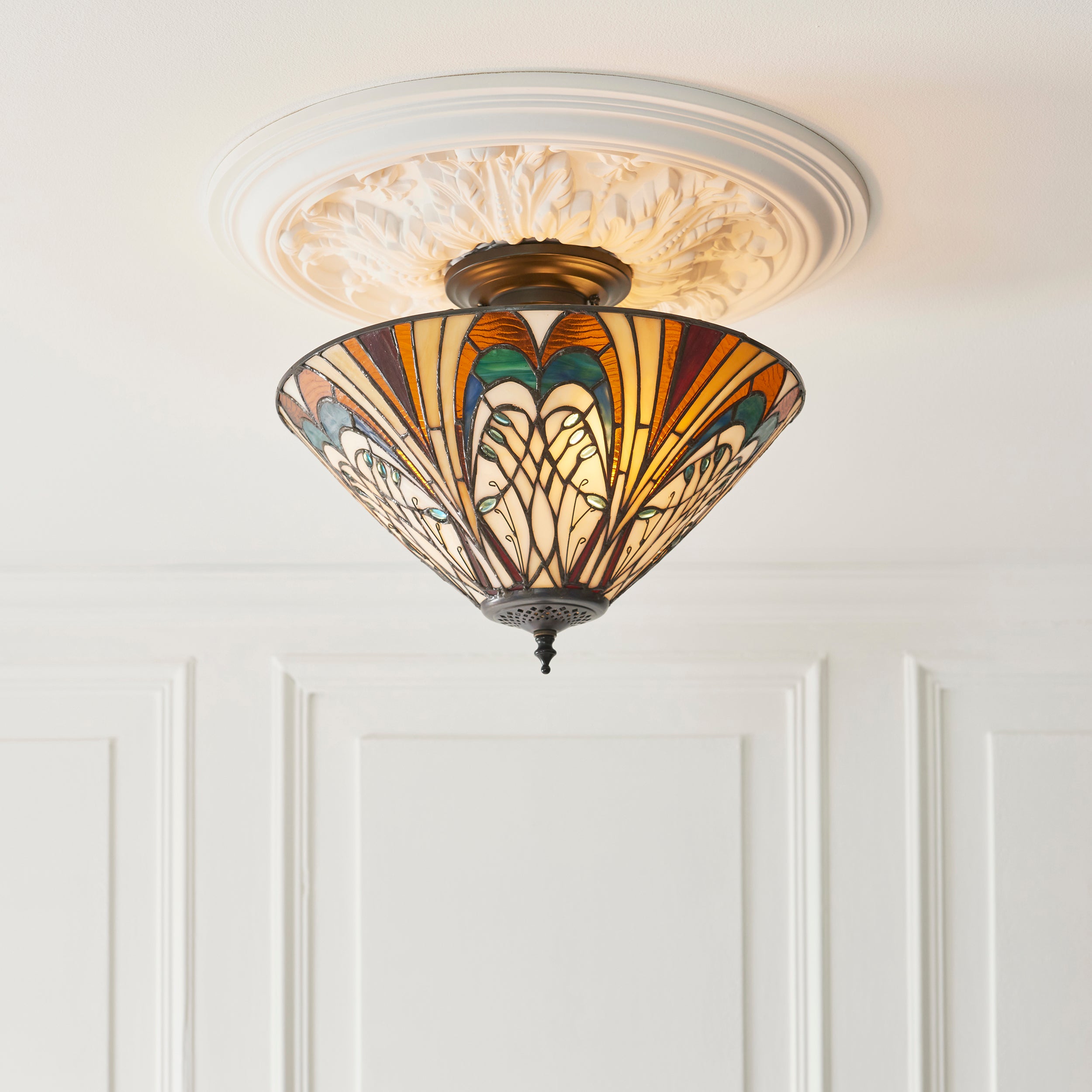 Interiors 1900 Hector 3 Light Semi Flush Pendant -Handcrafted Tiffany Style Glass