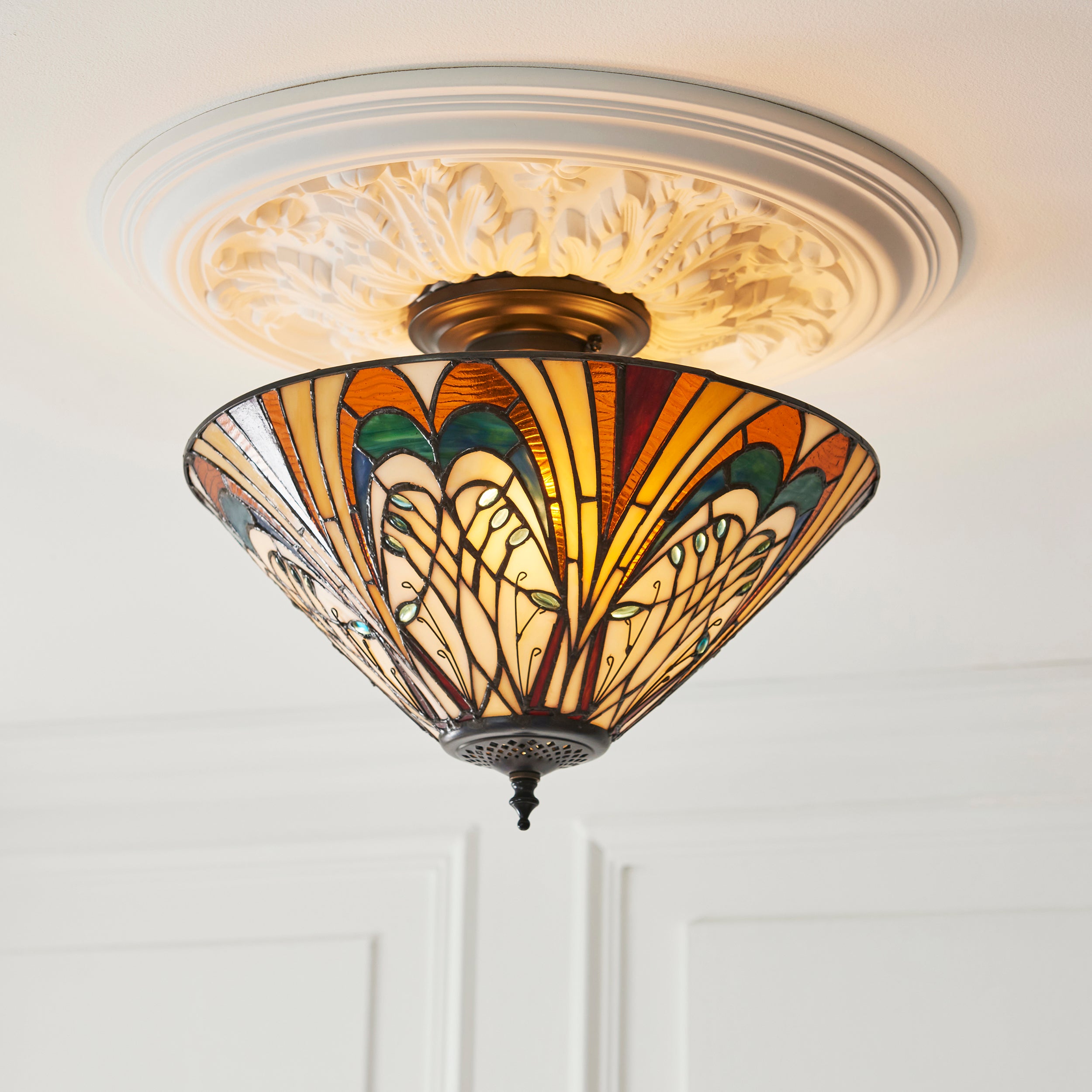 Interiors 1900 Hector 3 Light Semi Flush Pendant -Handcrafted Tiffany Style Glass