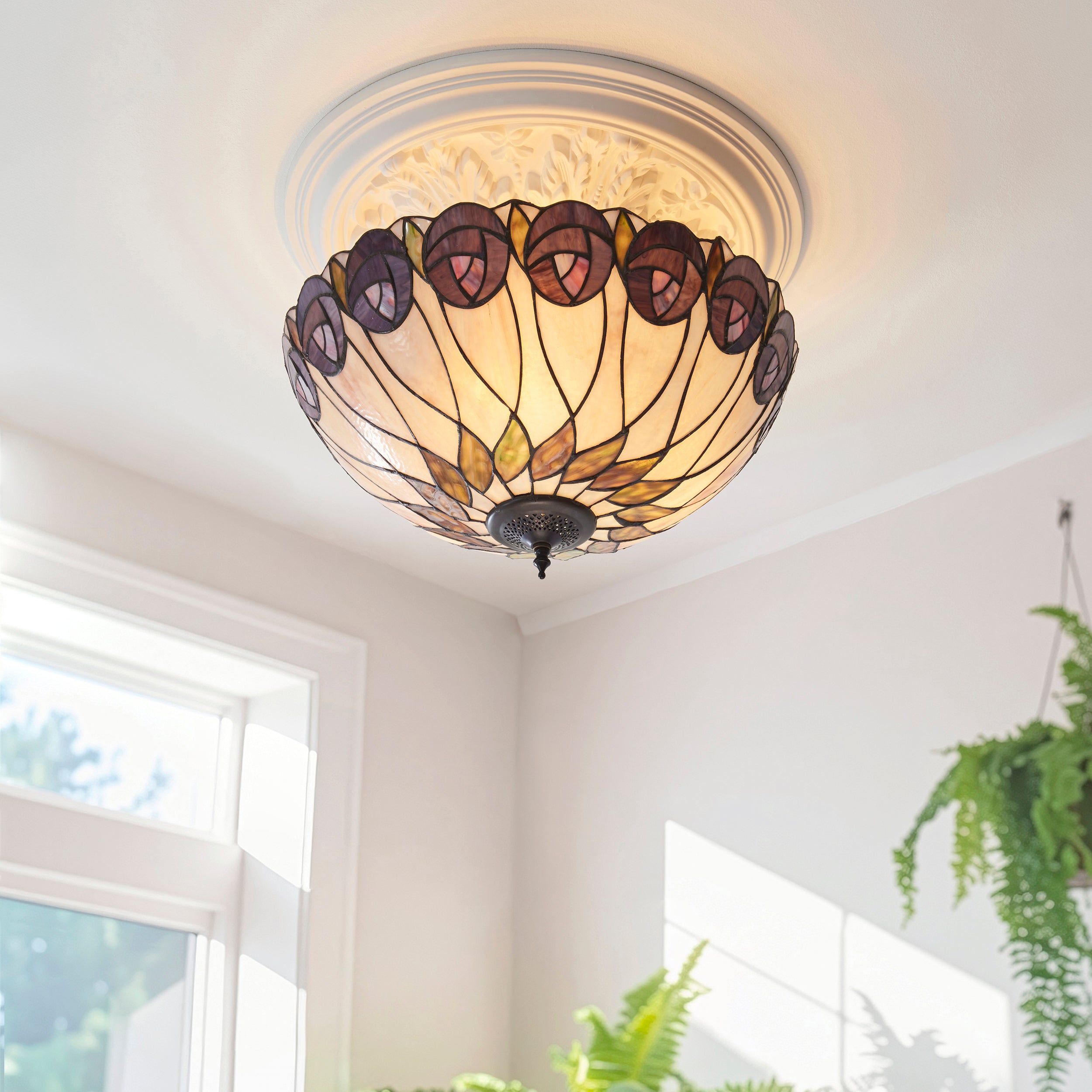 Interiors 1900 Hutchinson 3 Light Semi Flush Pendant -Handcrafted Tiffany Style Glass