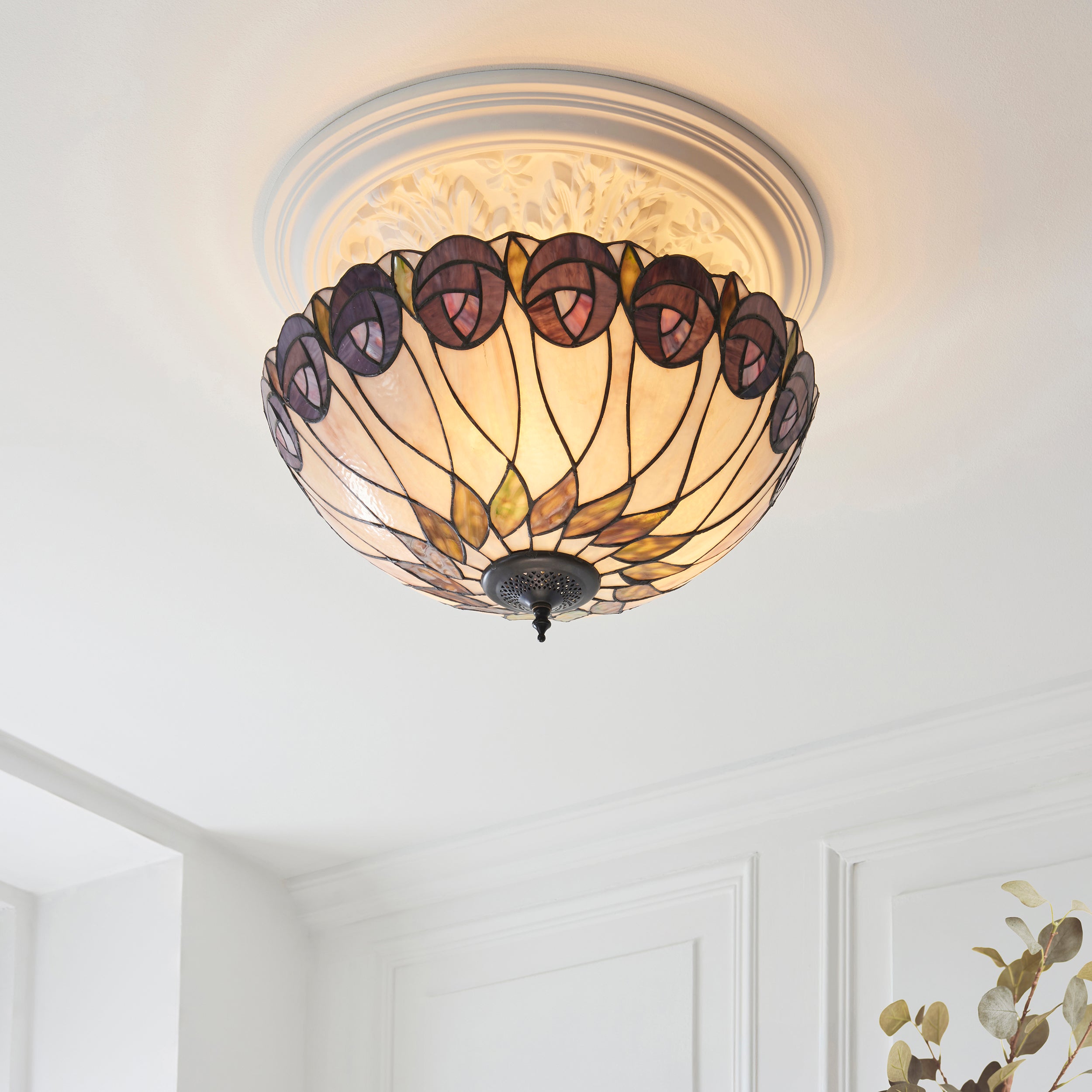 Interiors 1900 Hutchinson 3 Light Semi Flush Pendant -Handcrafted Tiffany Style Glass