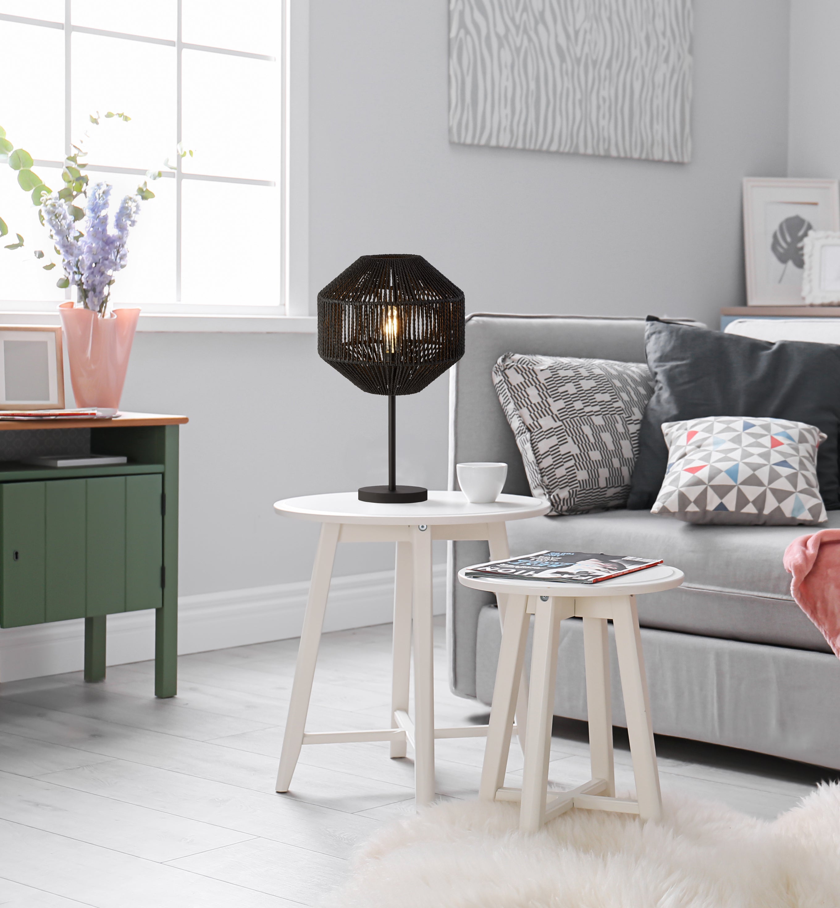 Searchlight Wyatt Wicker Table Lamp - Black Wyatt Wicker