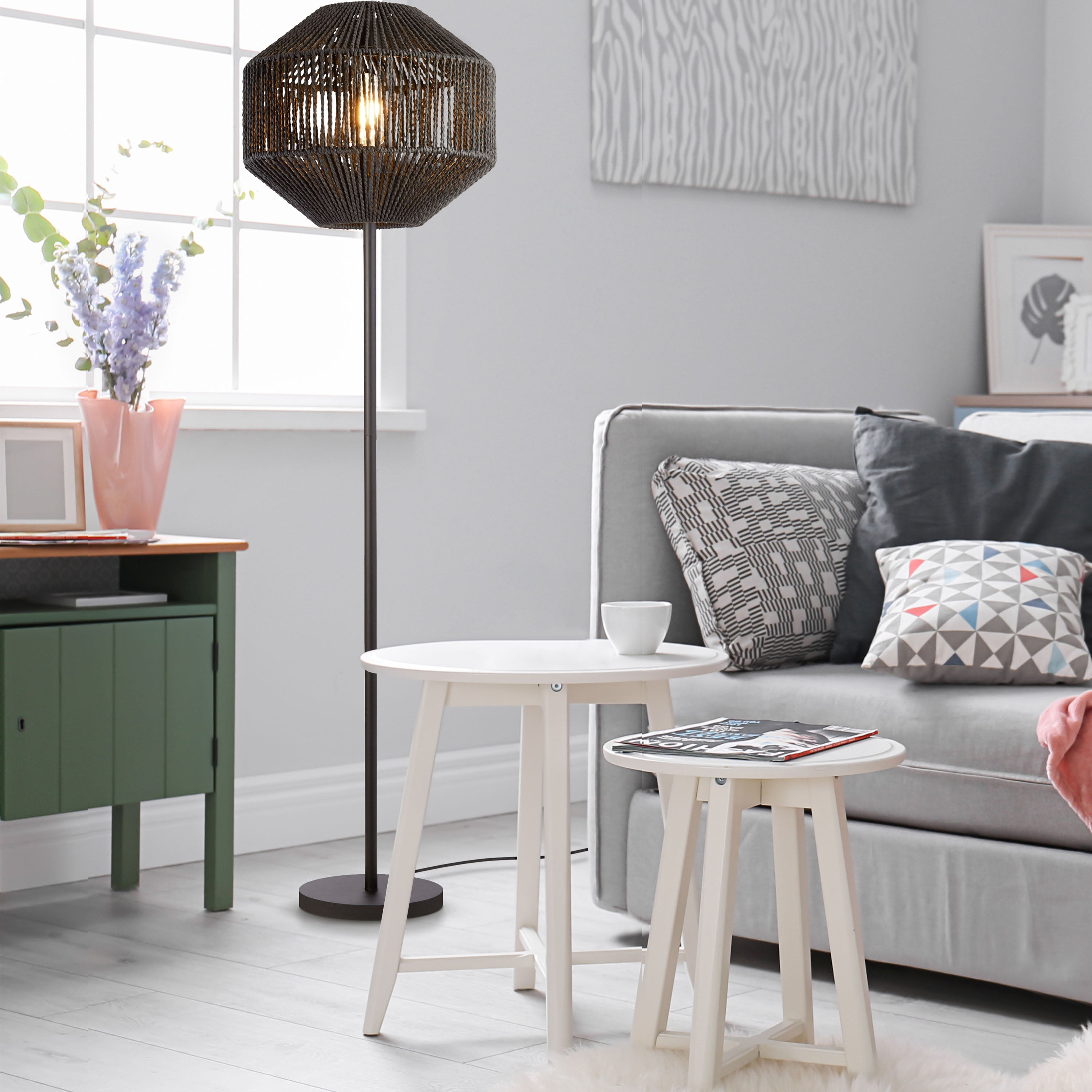 Searchlight Wyatt Wicker Floor Lamp - Black Wyatt Wicker