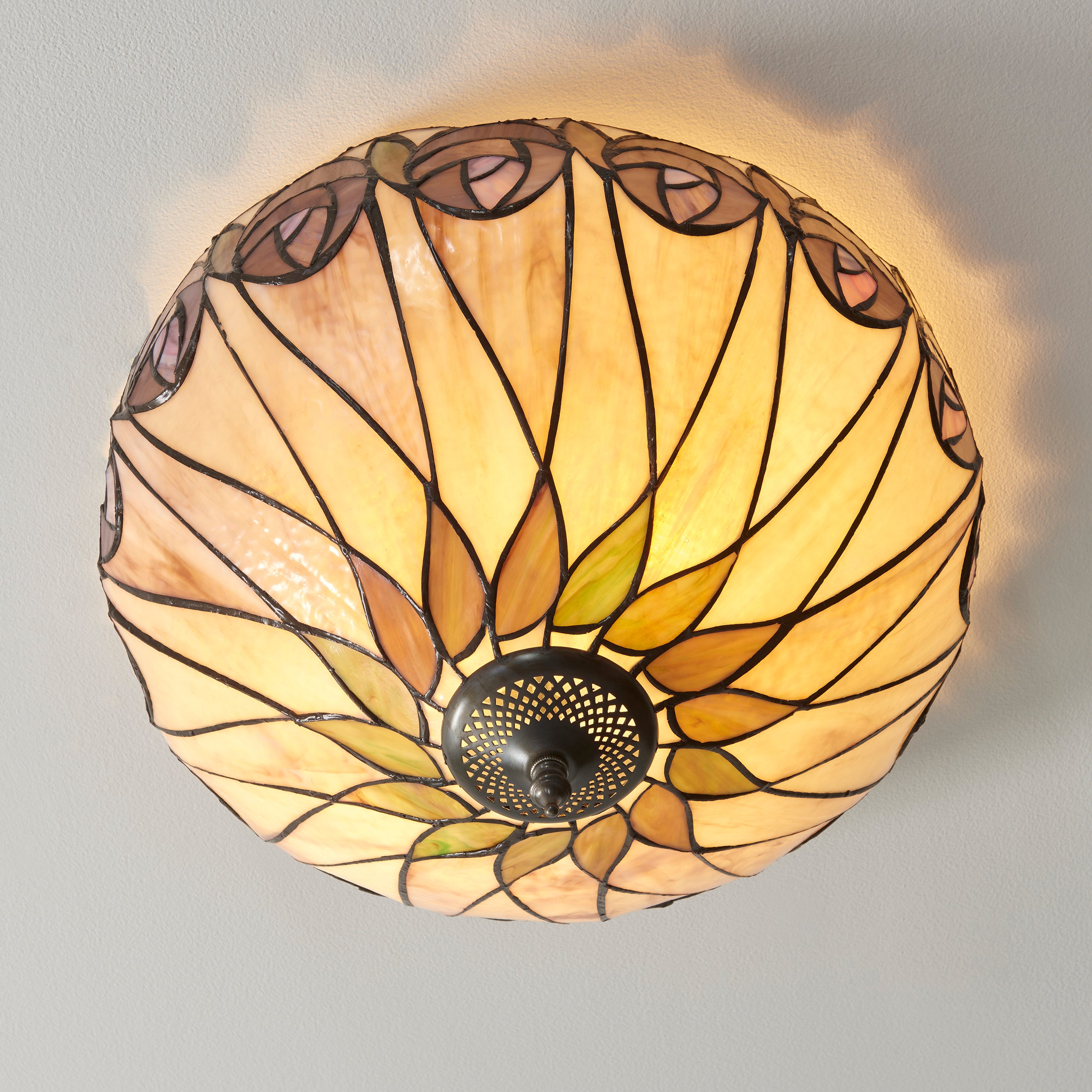 Interiors 1900 Hutchinson Medium 2 Light Flush Fitting Pendant -Handcrafted Tiffany Style Glass