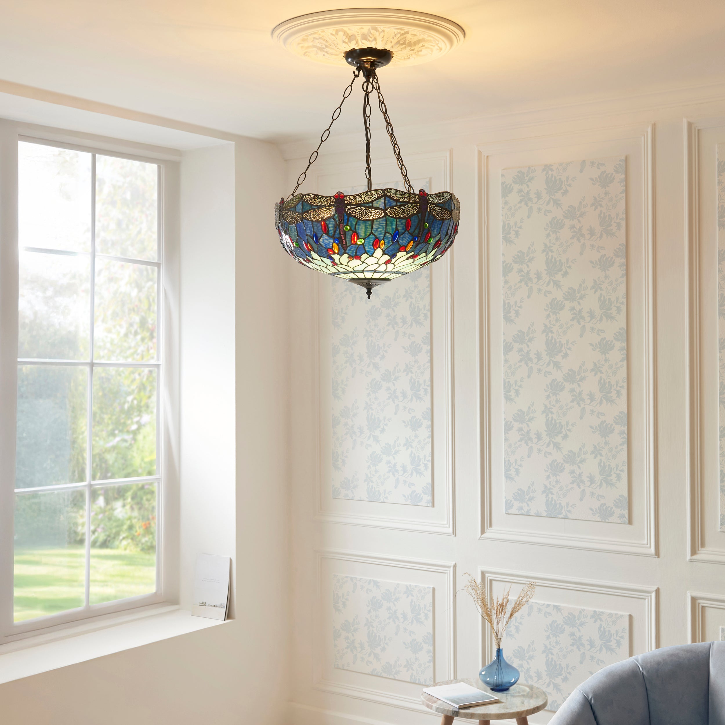 Interiors 1900 Dragonfly Blue Large Inverted 3 Light Pendant - Handcrafted Tiffany Style Glass