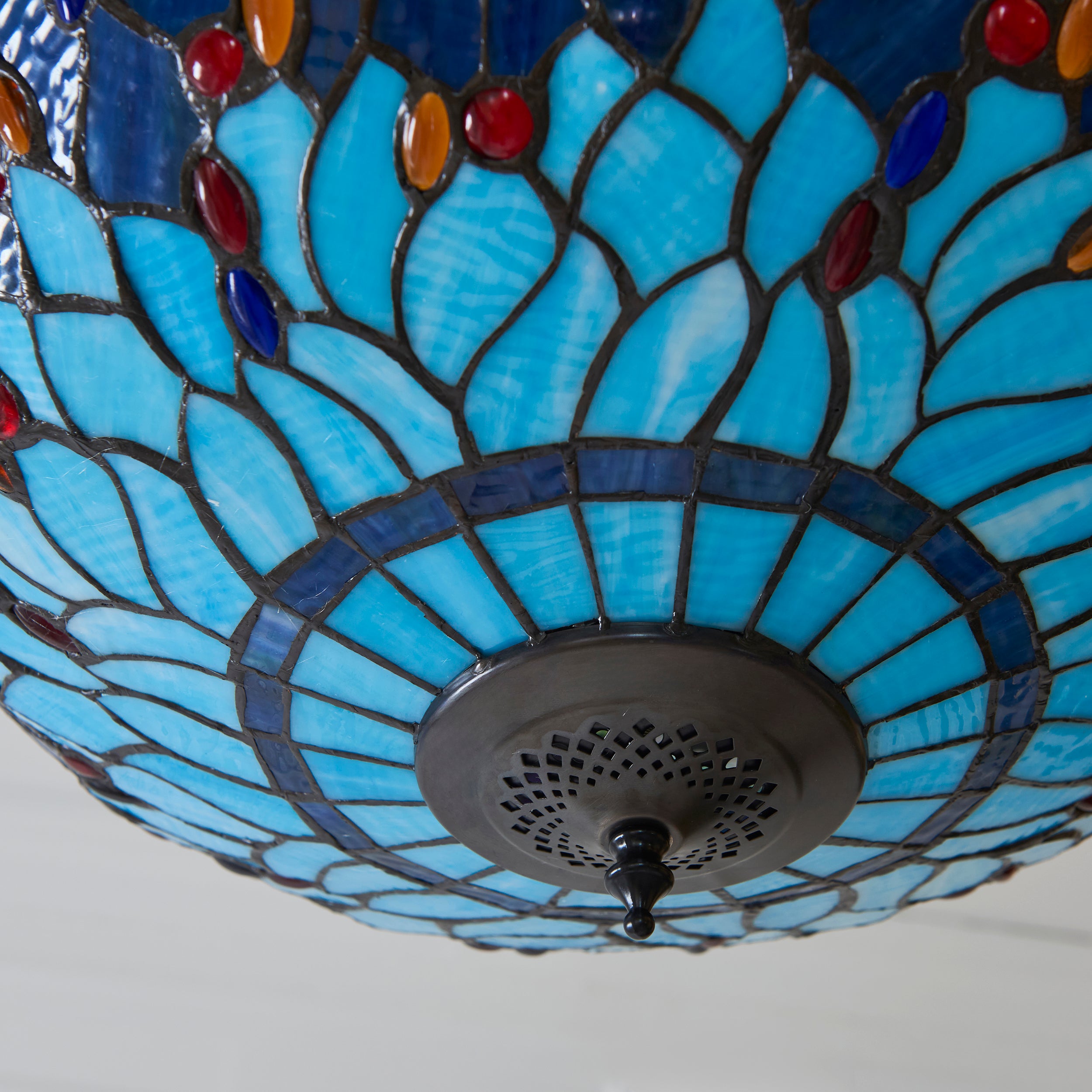 Interiors 1900 Dragonfly Blue Large Inverted 3 Light Pendant - Handcrafted Tiffany Style Glass