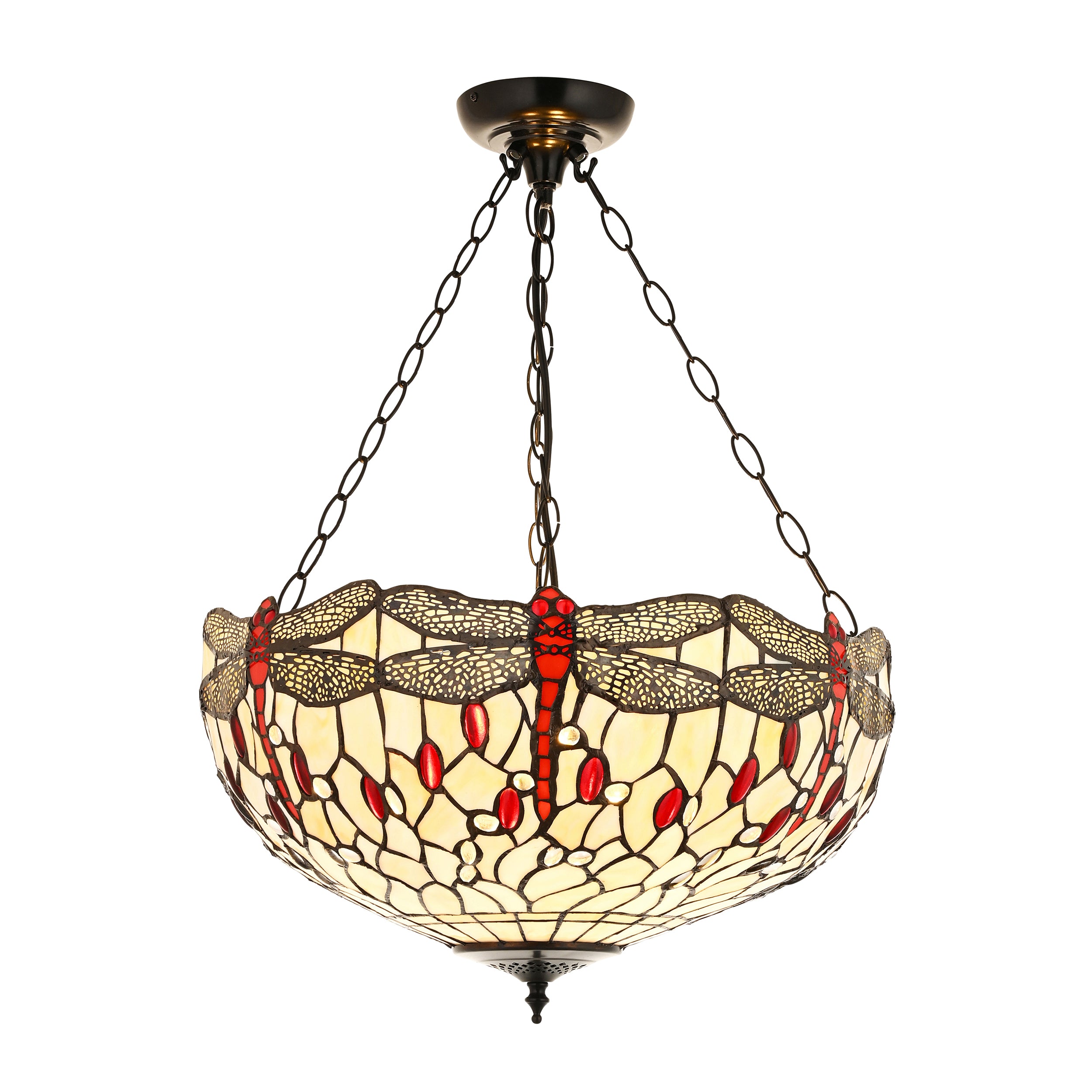 Interiors 1900 Dragonfly Beige Large Inverted 3 Light Pendant - Handcrafted Tiffany Style Glass