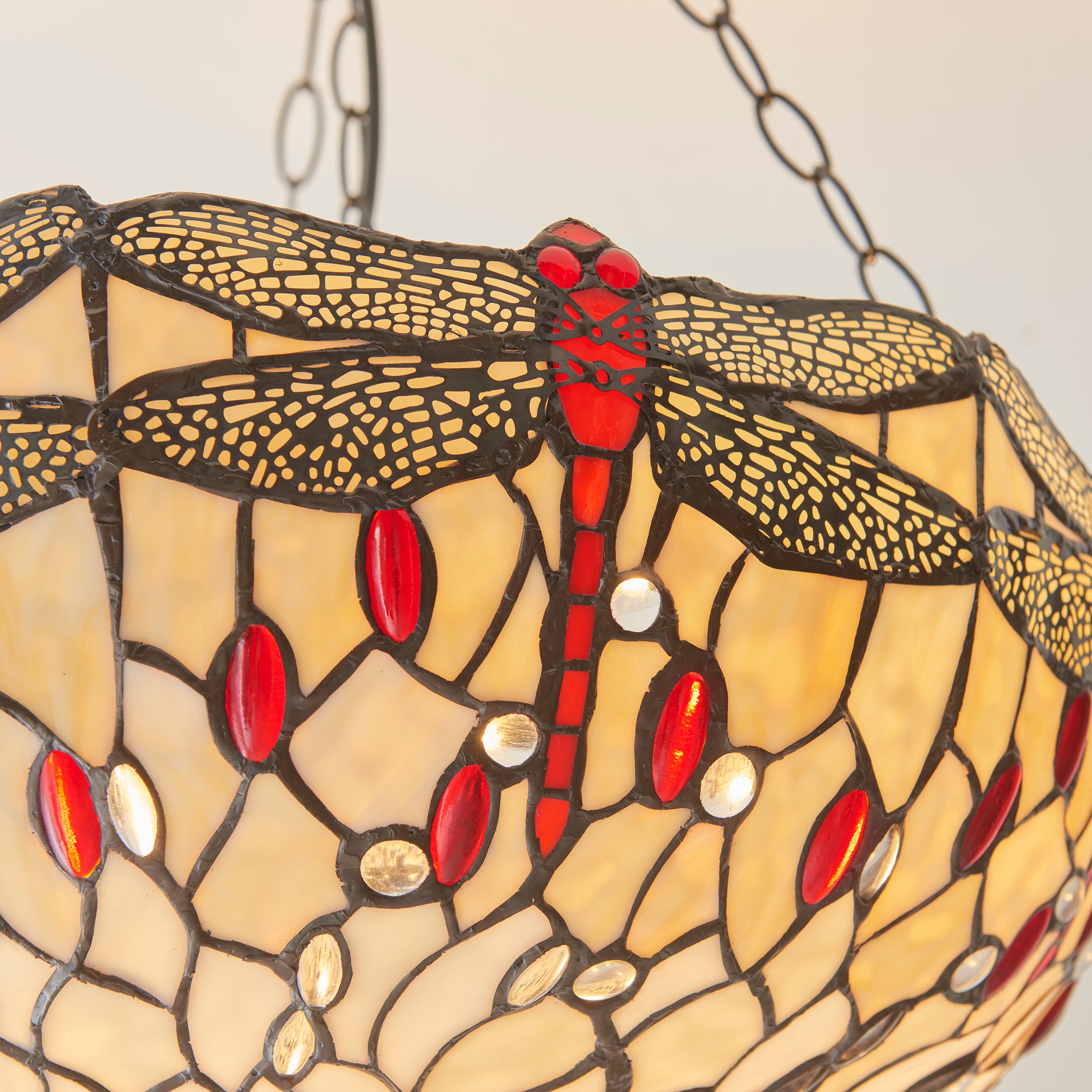 Interiors 1900 Dragonfly Beige Large Inverted 3 Light Pendant - Handcrafted Tiffany Style Glass