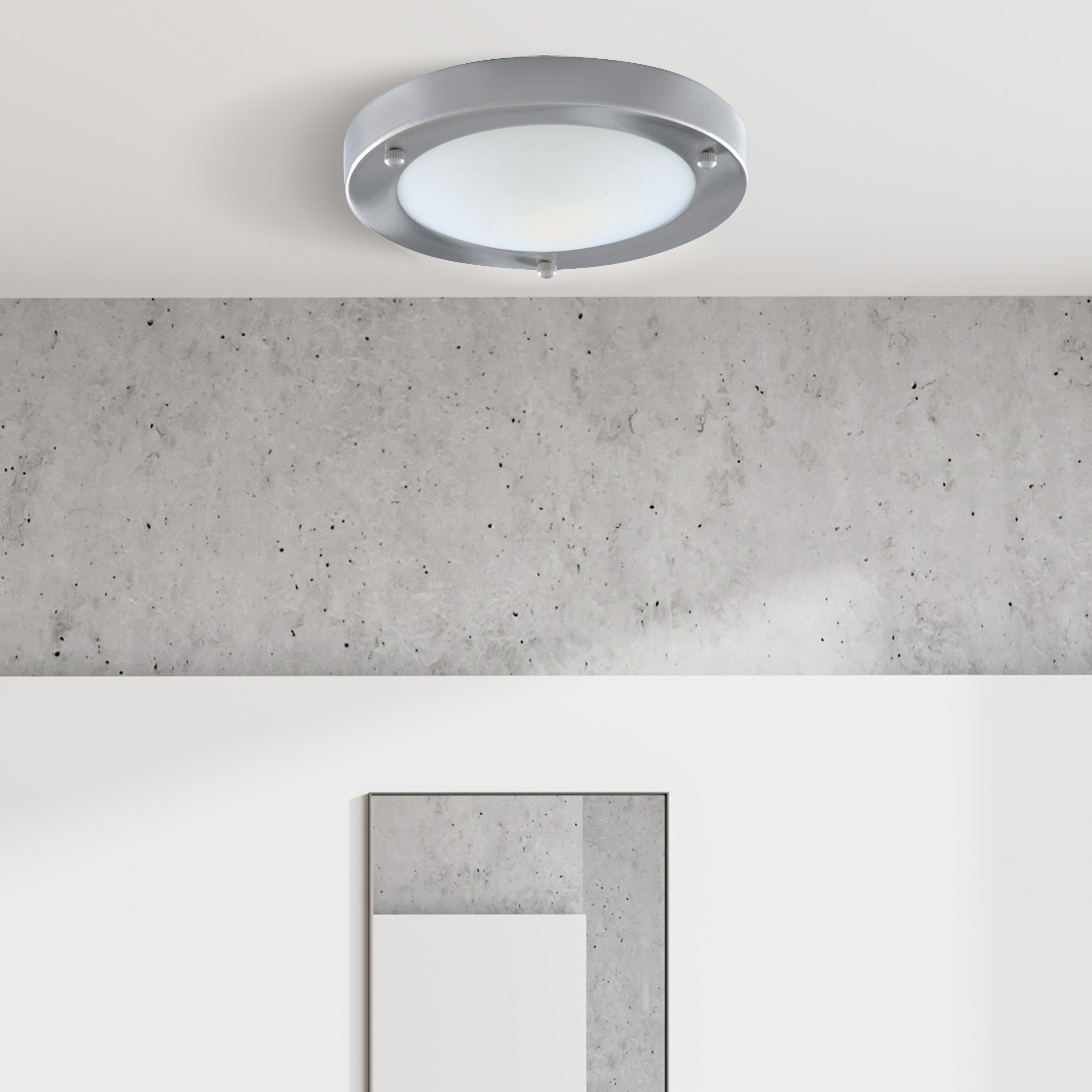 Searchlight Barmouth Bathroom Flush Fitting IP44 Single - 31cm Satin Silver Domed White Glass