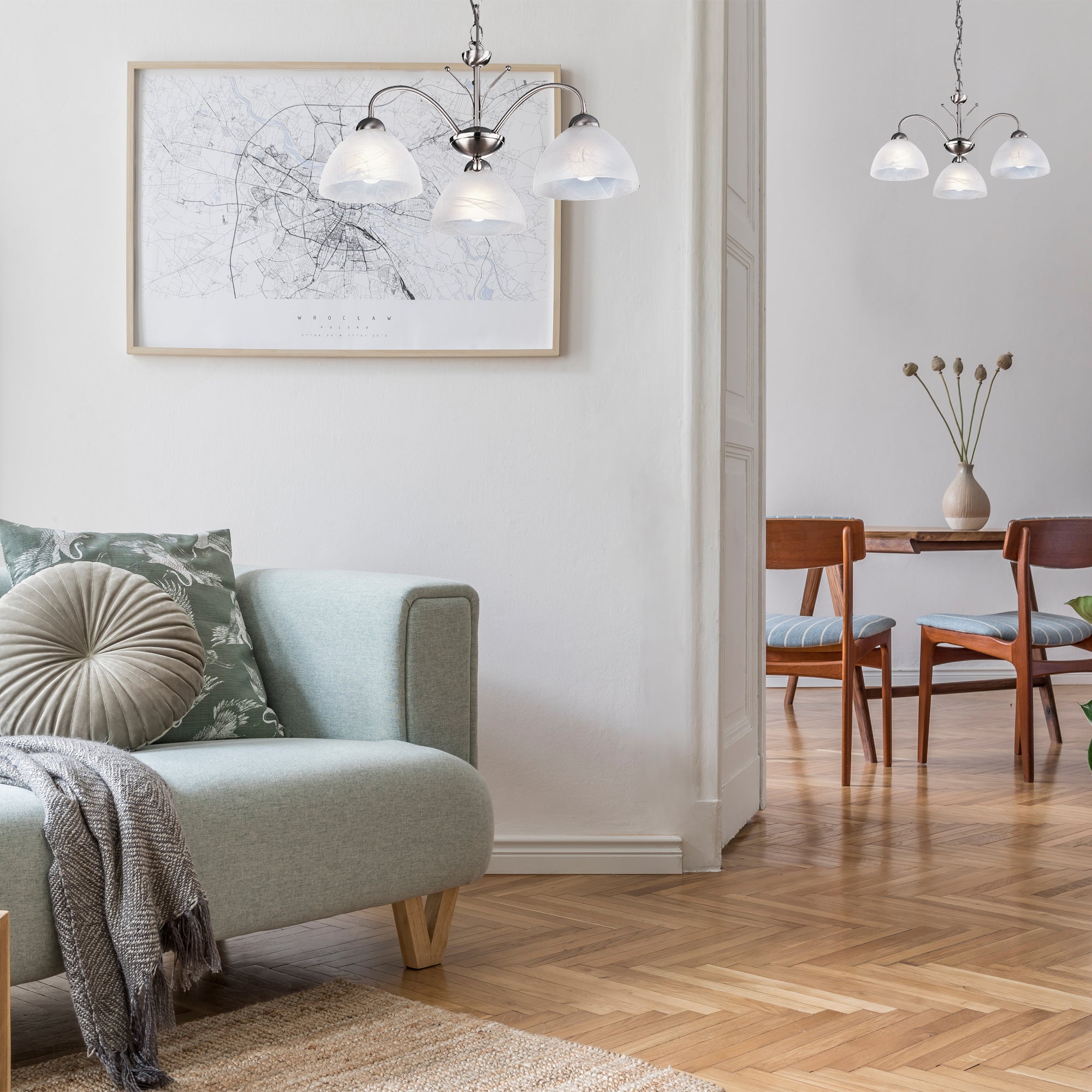 Searchlight Melville Satin Silver 3 Light Ceiling Fitting With Alabaster Glass