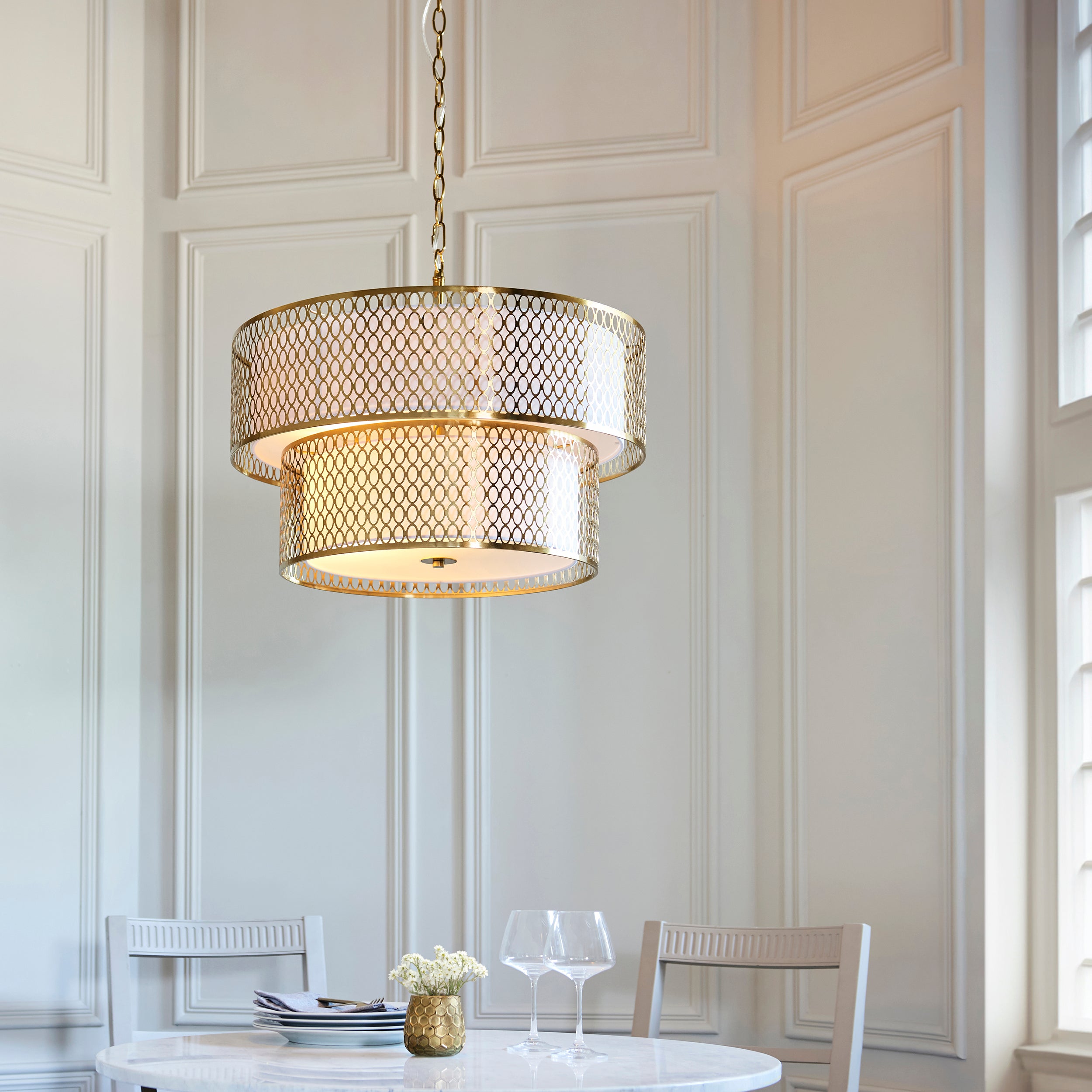 Endon Cordero 6 Light Tiered Pendant - Gold Effect Plate, White Fabric & Frosted Glass