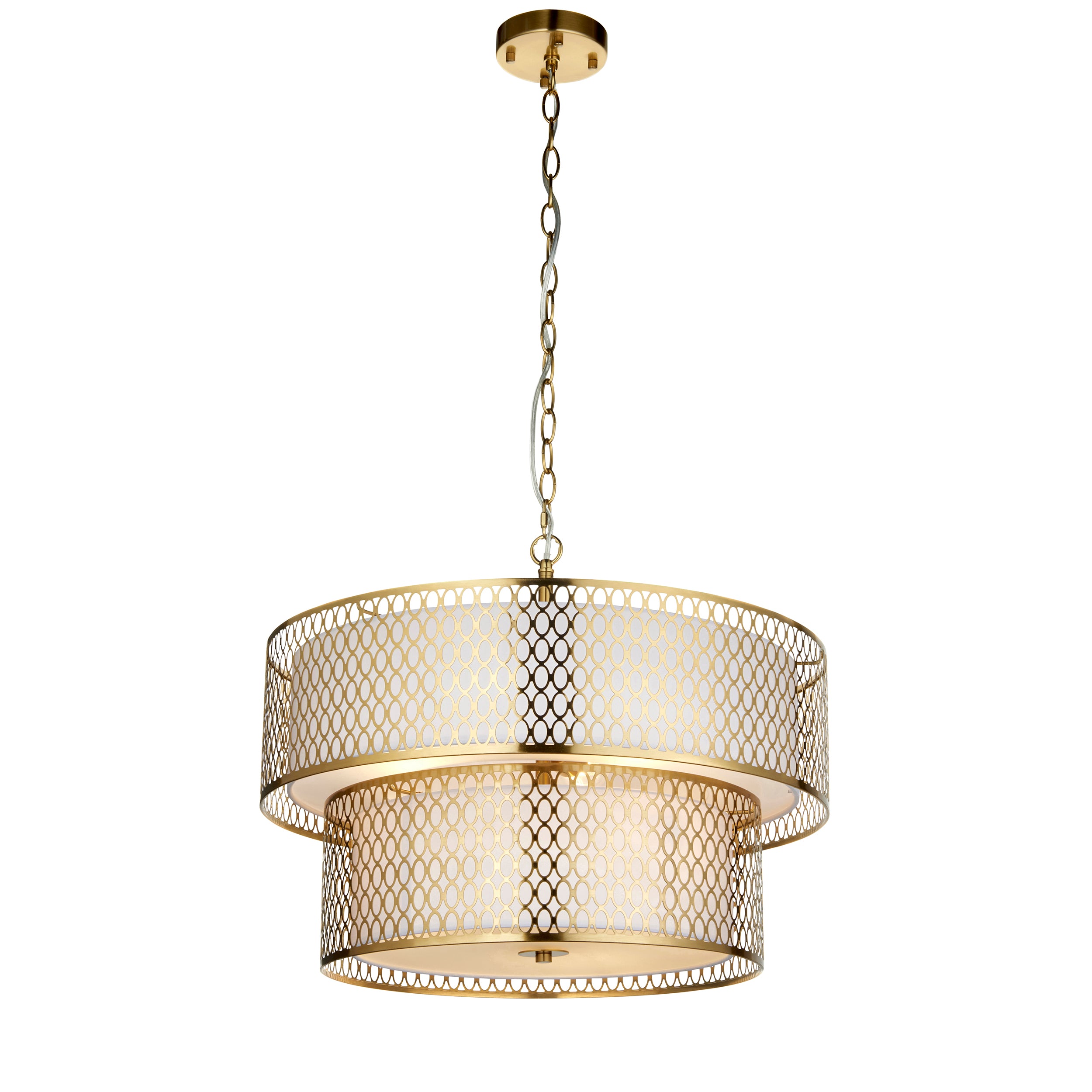 Endon Cordero 6 Light Tiered Pendant - Gold Effect Plate, White Fabric & Frosted Glass
