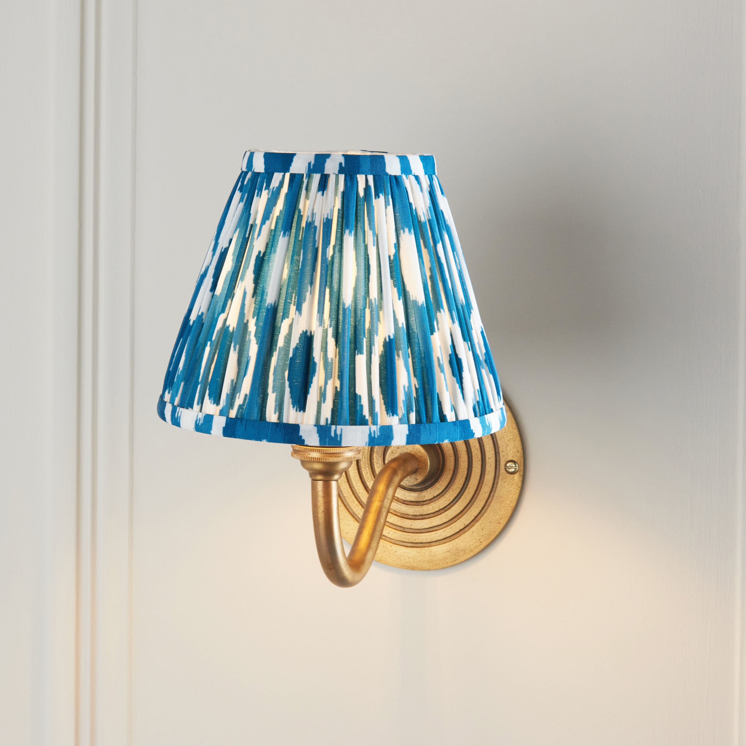 Endon Ripple Curve & Ikat 16Cm Wall Light - Antique Brass & Marlin Blue Fabric