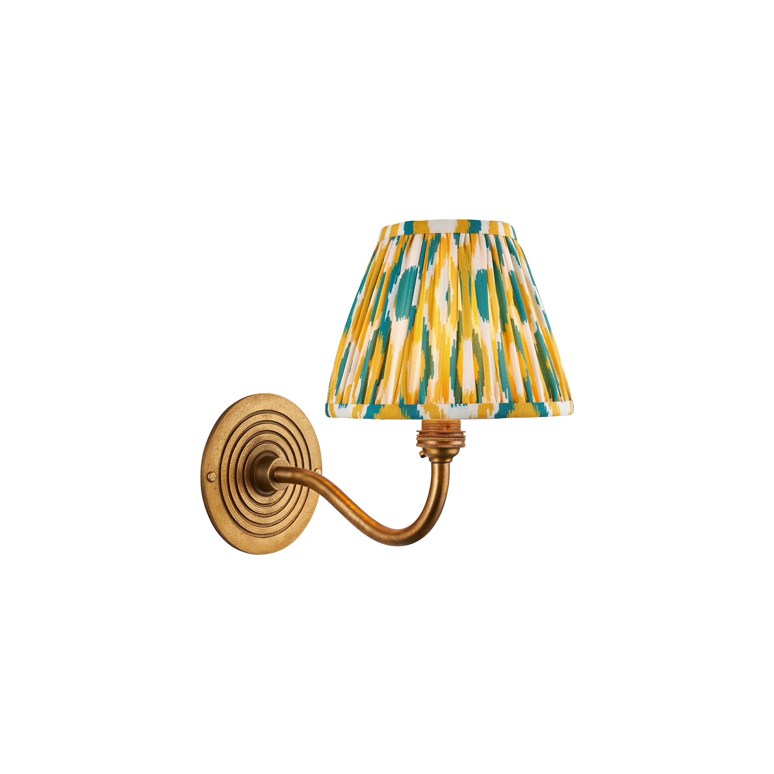 Endon Ripple Curve & Ikat 16Cm Wall Light - Antique Brass With Yellow & Jade Fabric