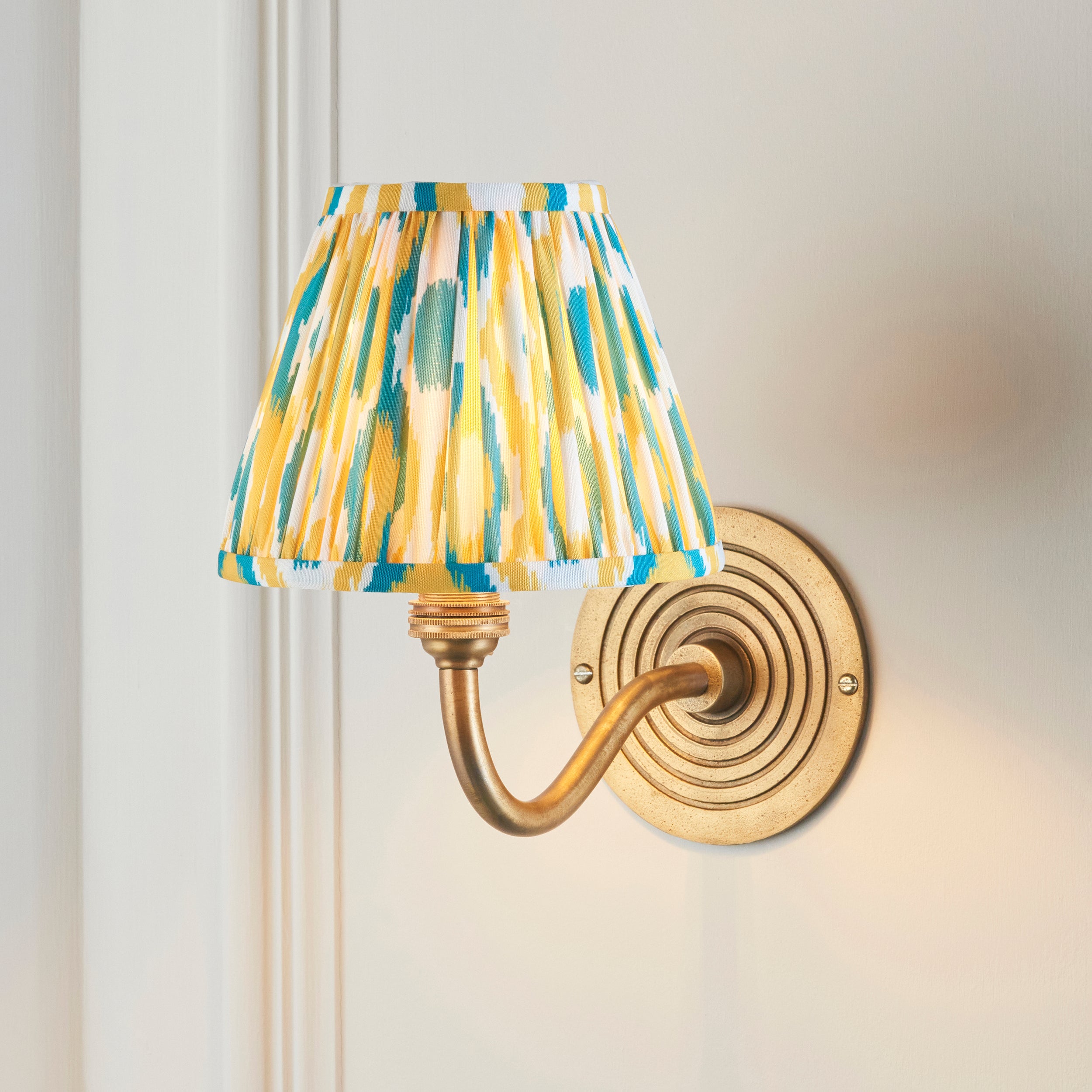 Endon Ripple Curve & Ikat 16Cm Wall Light - Antique Brass With Yellow & Jade Fabric
