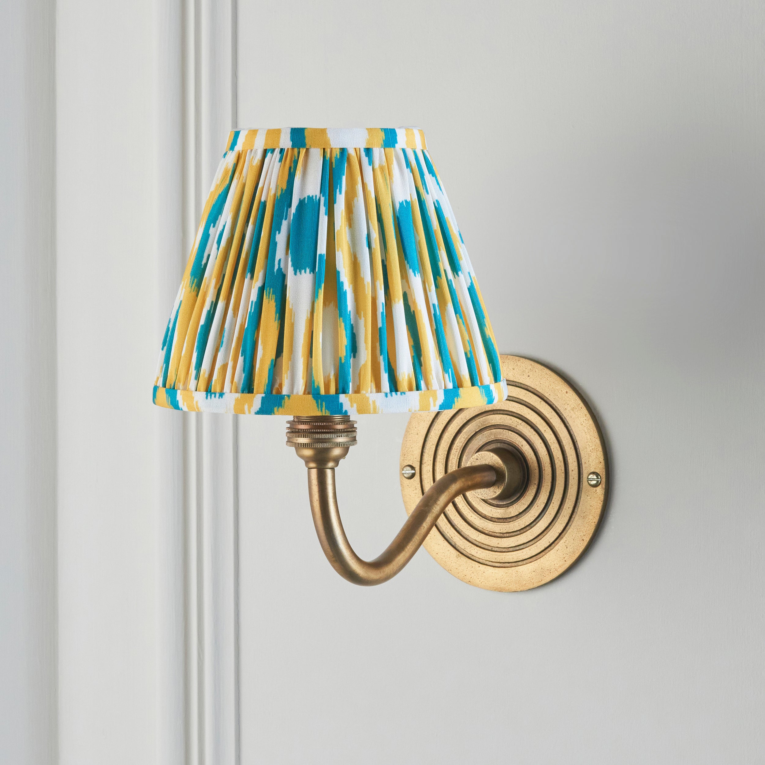 Endon Ripple Curve & Ikat 16Cm Wall Light - Antique Brass With Yellow & Jade Fabric