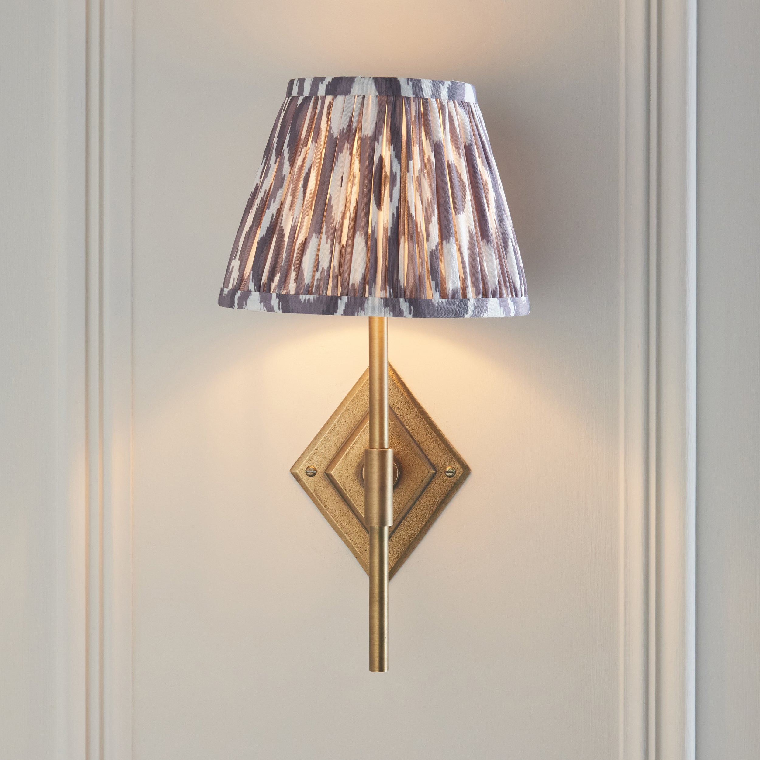 Endon Diamond Tall & Ikat 20Cm Wall Light - Antique Brass & Pearl Grey Fabric