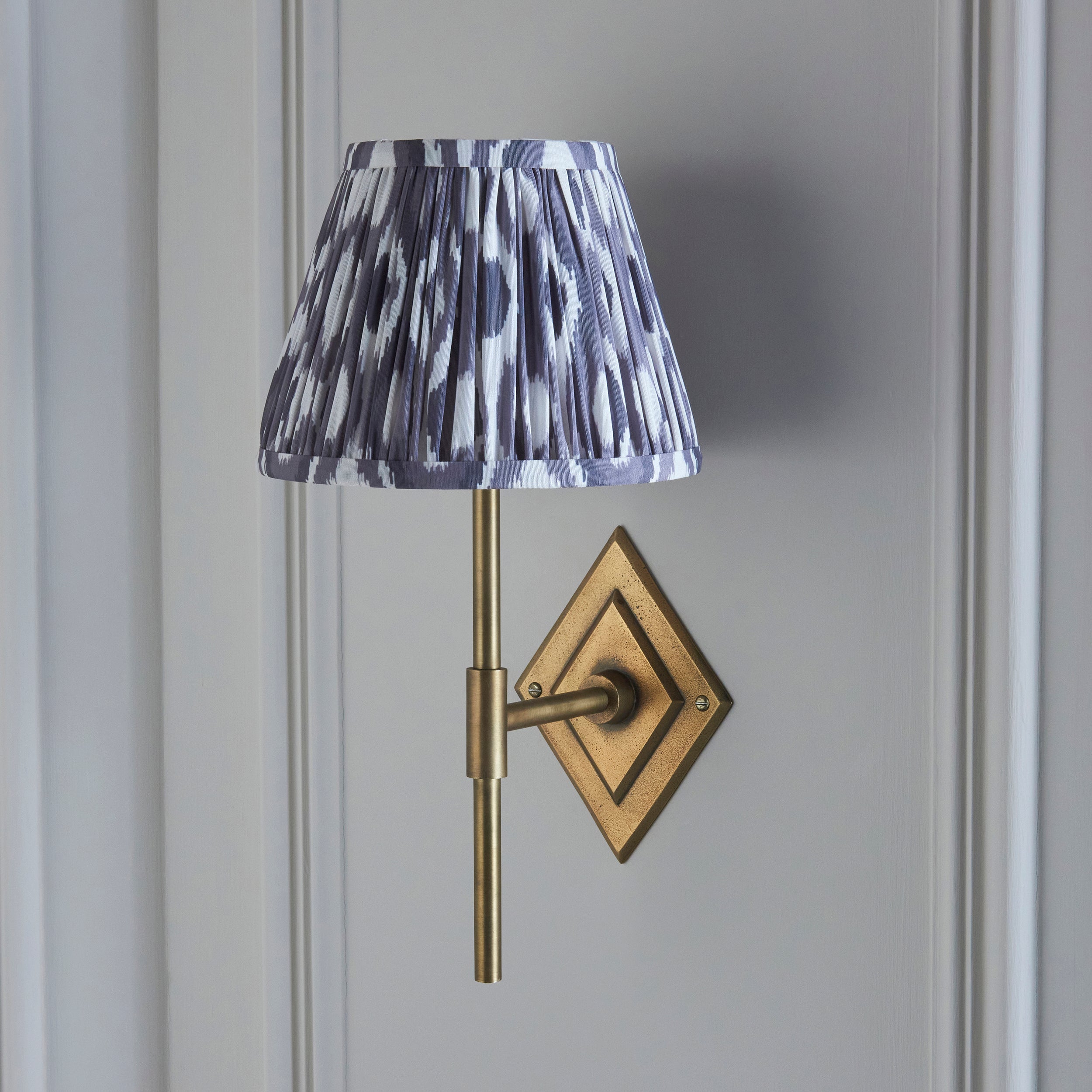 Endon Diamond Tall & Ikat 20Cm Wall Light - Antique Brass & Pearl Grey Fabric