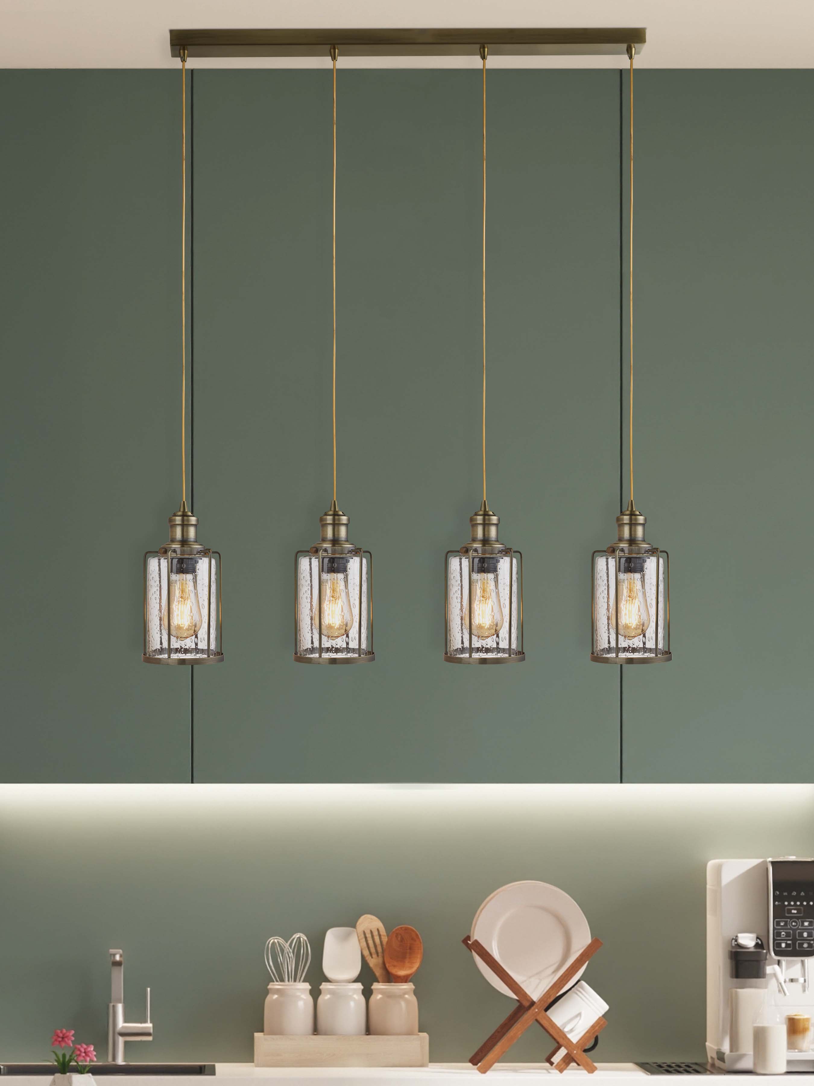 Searchlight Peach 4 Light Bar Pendant, Antique Brass With Seeded Glass
