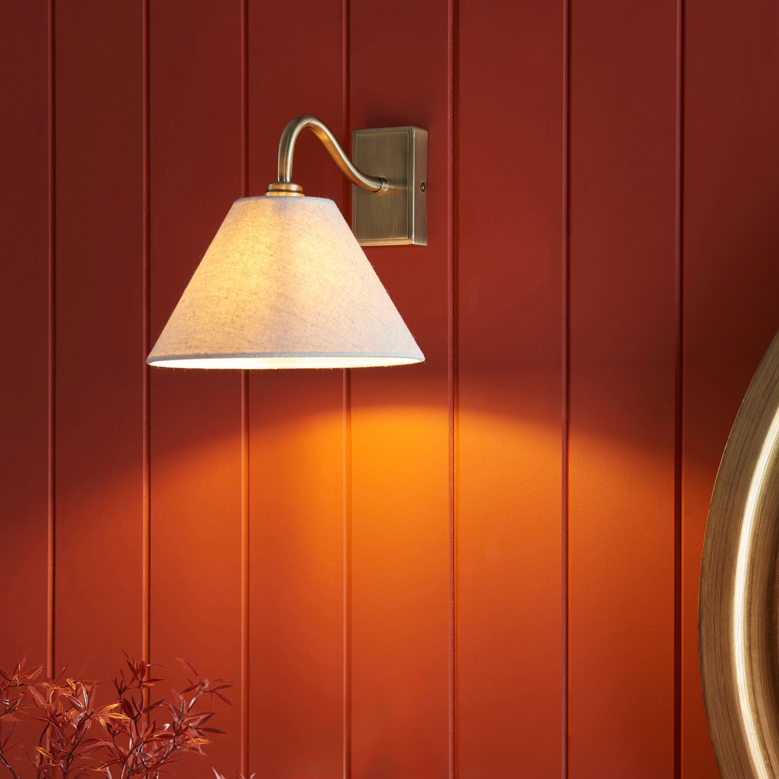 Endon Knole Wall Light - Antique Brass Plate & Natural Faux Linen