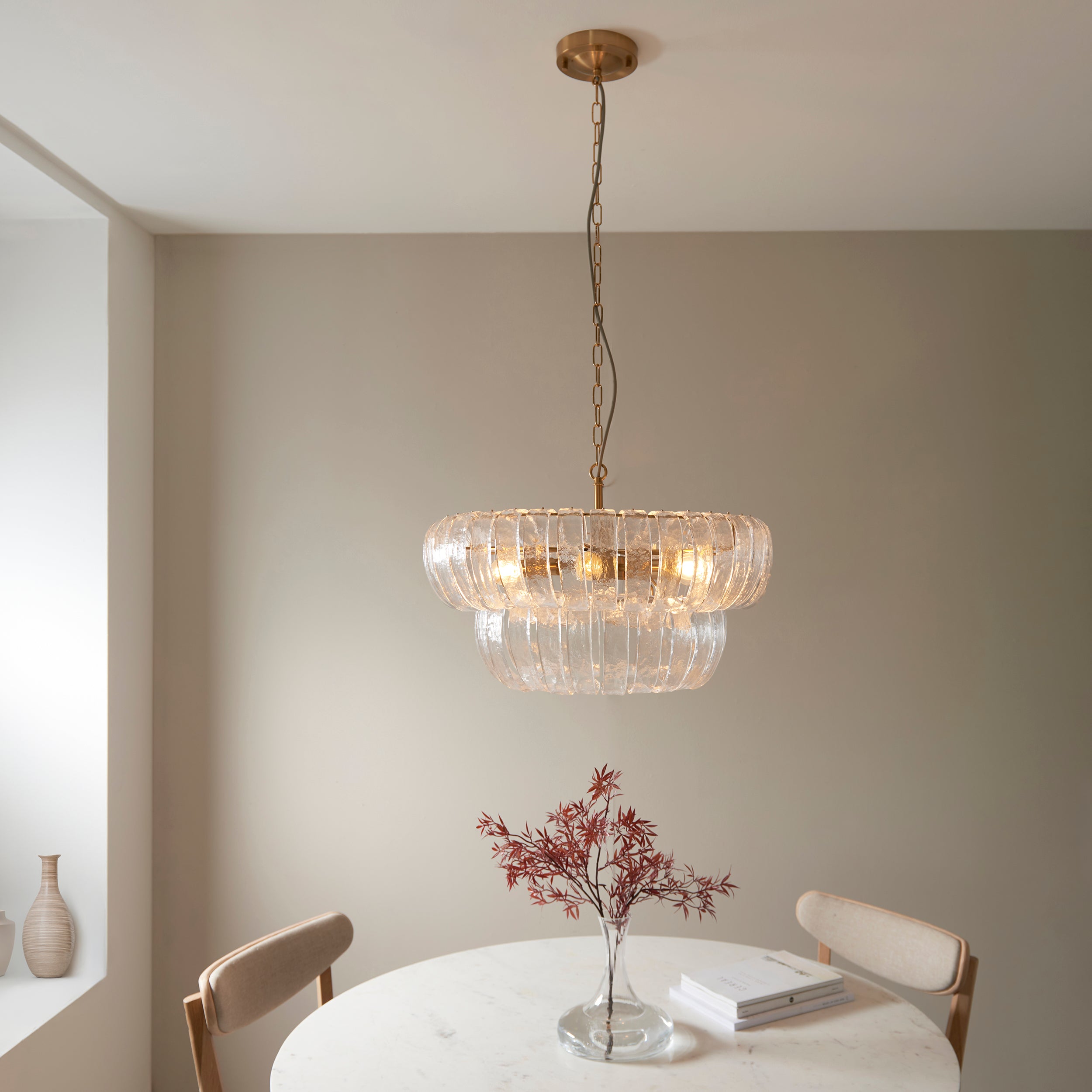 Endon Montrose 6 Light Pendant - Brushed Aged Brass Plate & Handmade Clear Textured Glass