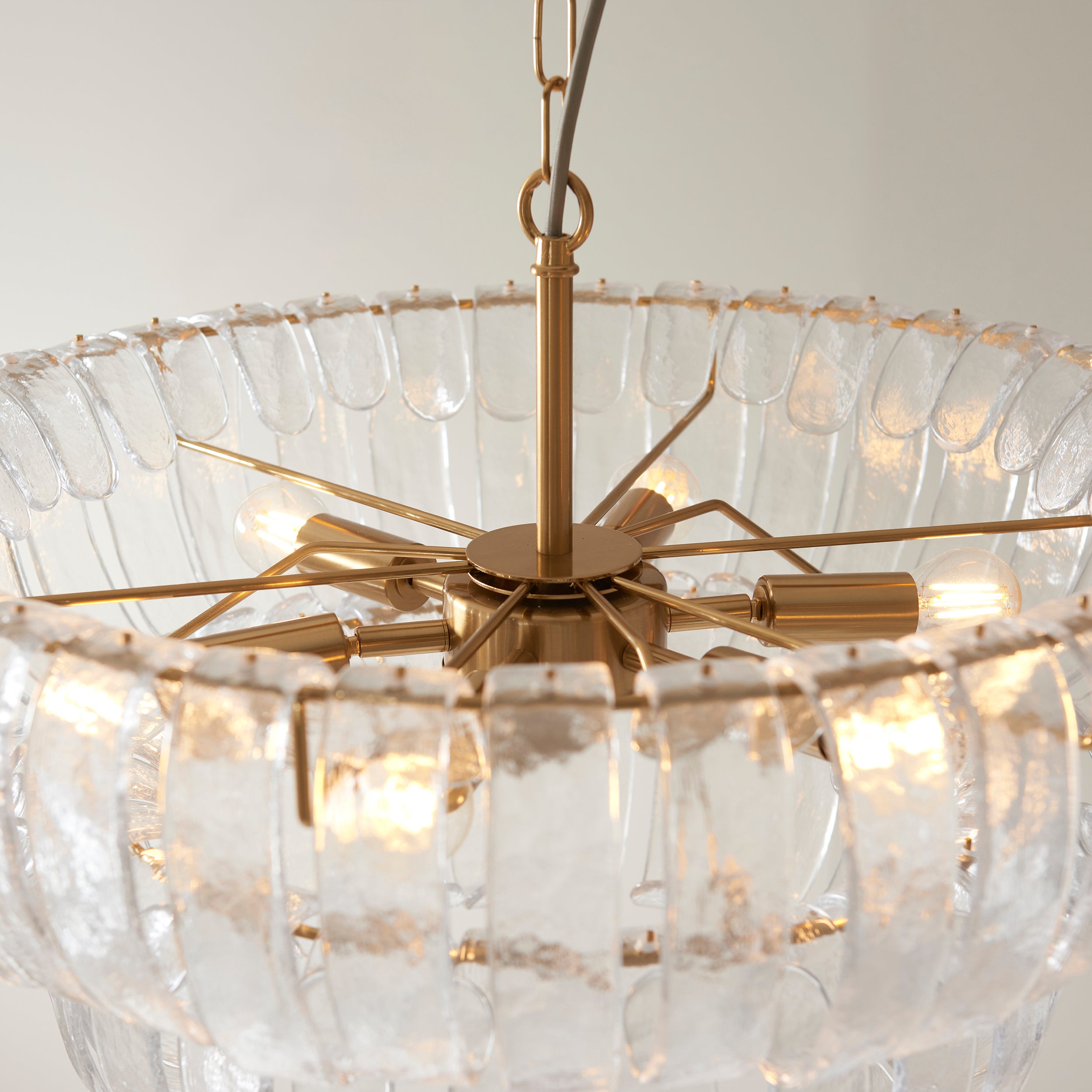 Endon Montrose 6 Light Pendant - Brushed Aged Brass Plate & Handmade Clear Textured Glass