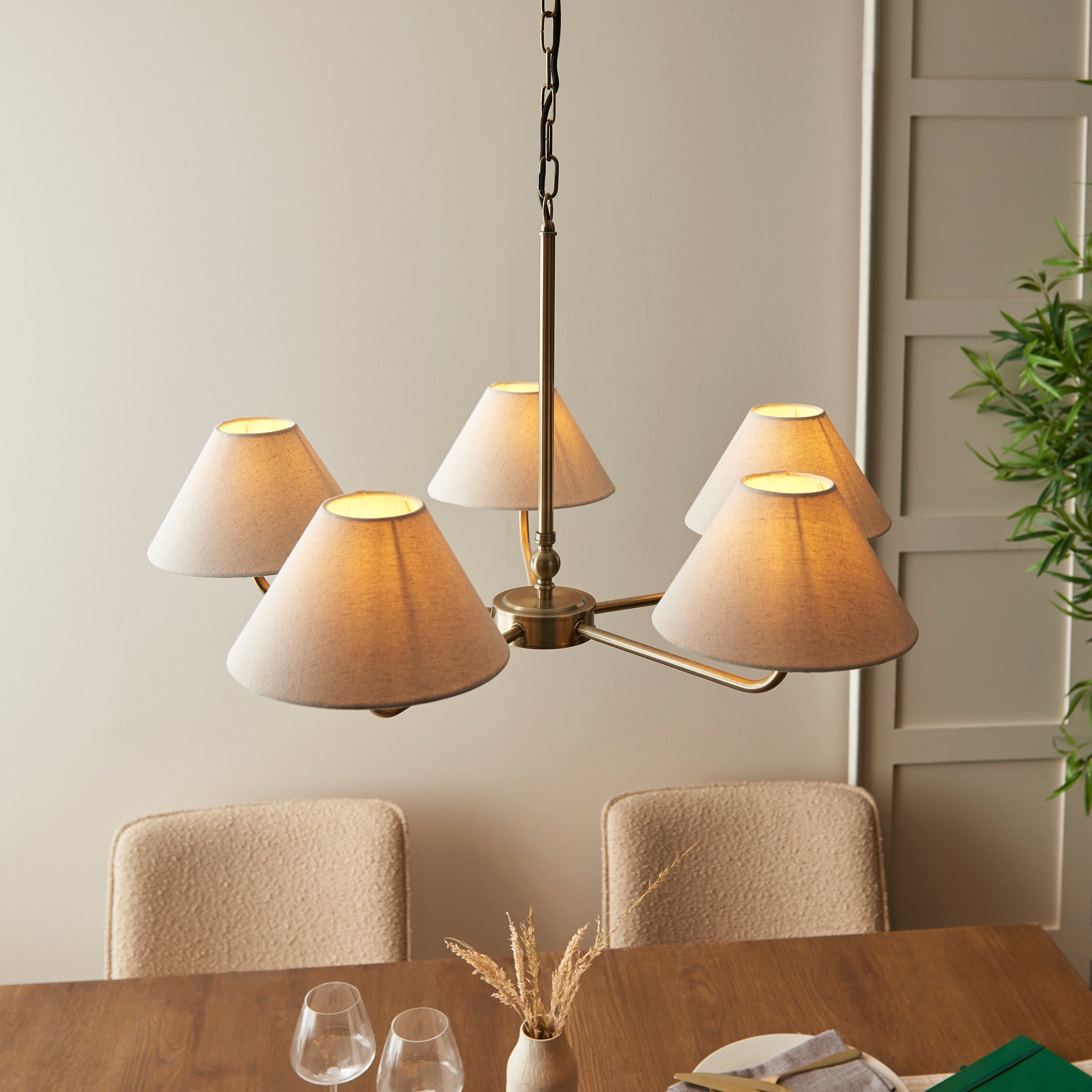 Endon Lille 5 Light Pendant - Antique Brass Plate & Natural Faux Linen