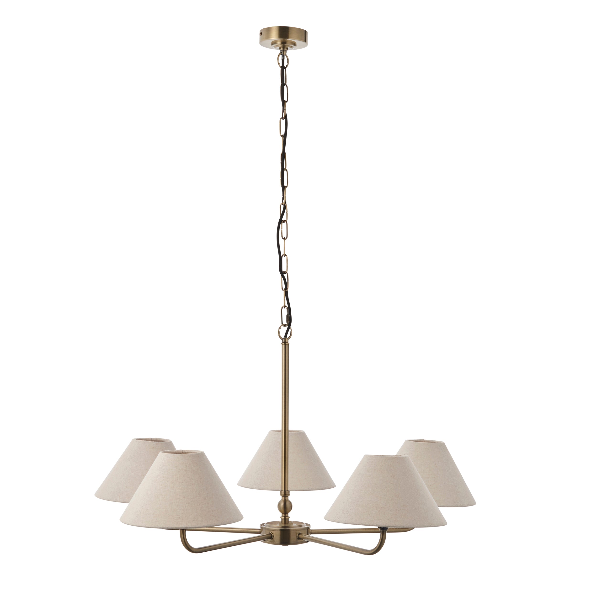 Endon Lille 5 Light Pendant - Antique Brass Plate & Natural Faux Linen