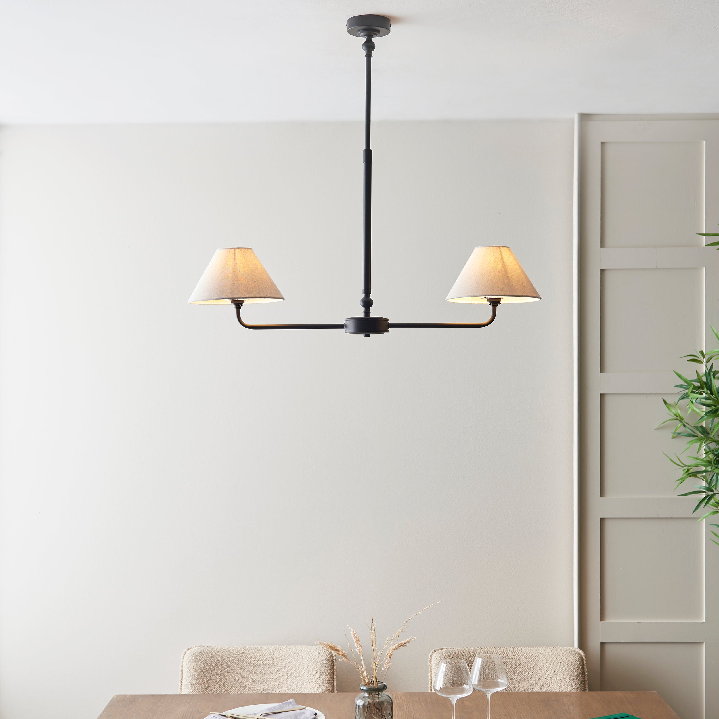 Endon Lille 2 Light Linear Pendant - Matt Black & Natural Faux Linen